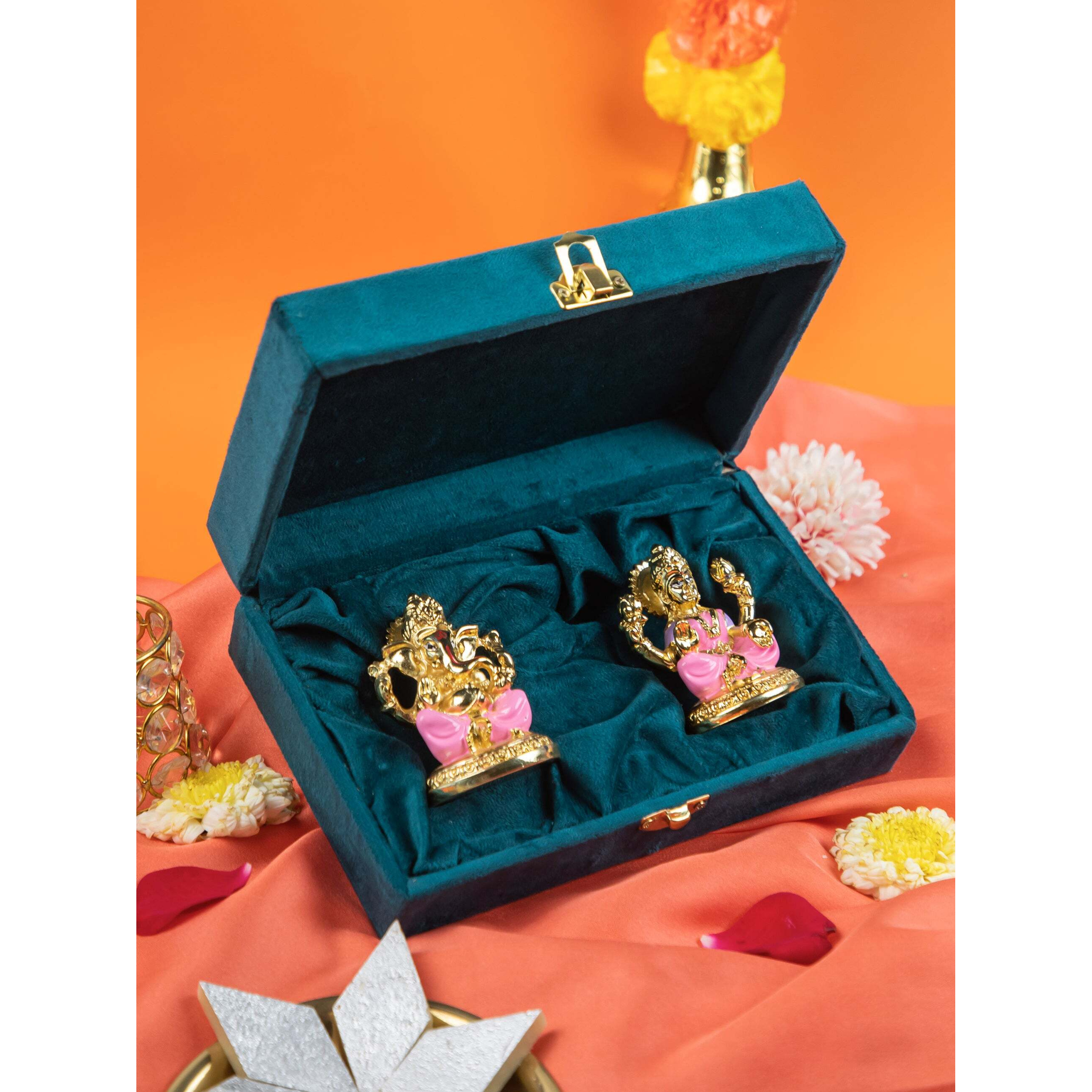 Lakshmi Ganesh Idol with Velvet Box  Gold-Plated Decorative Murti for Pooja, Vastu, Home Decor & Gifting