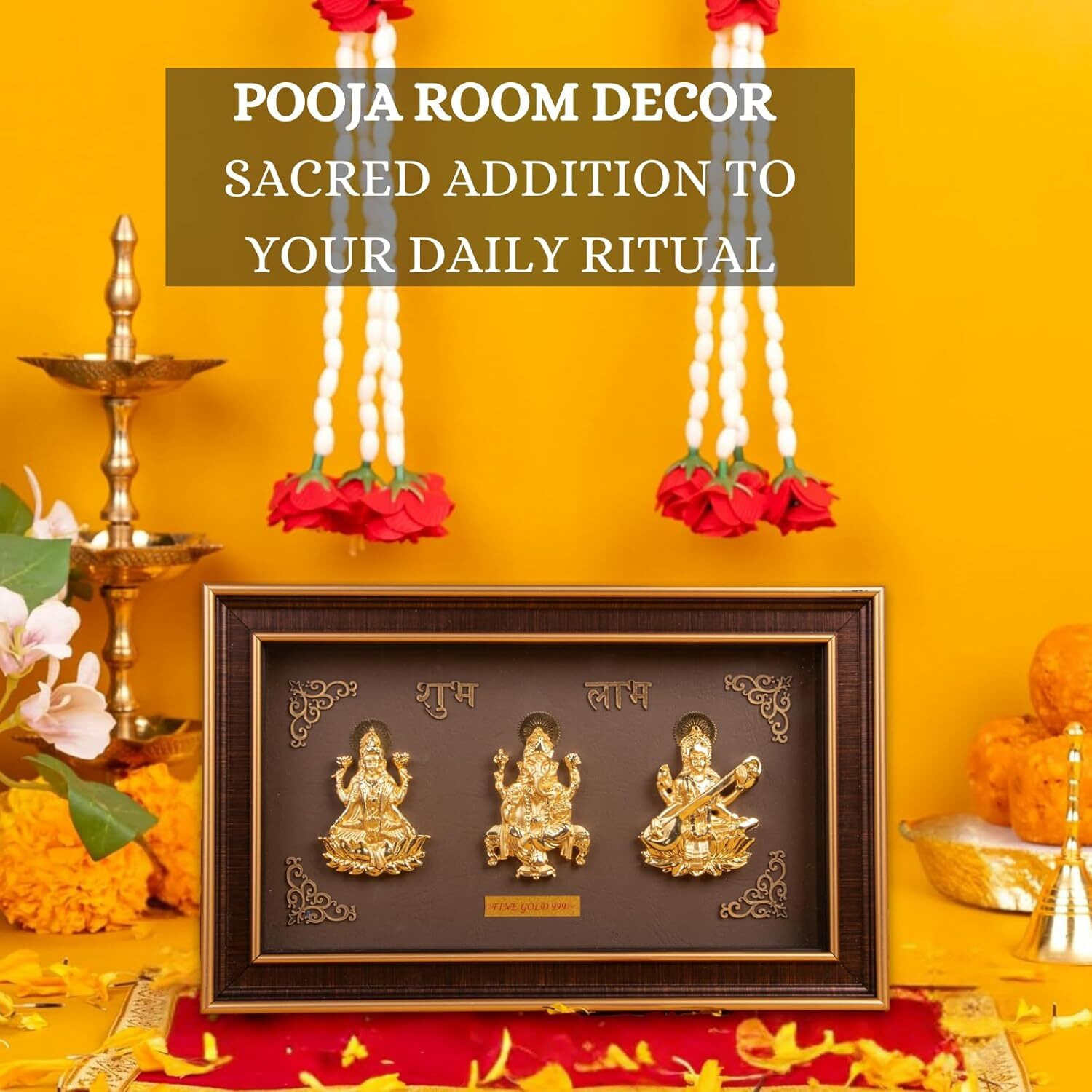 Golden Trimurti Photo Frame (Ganesha, Laxmi and Saraswati) - 10.5 x 6.5 Inches