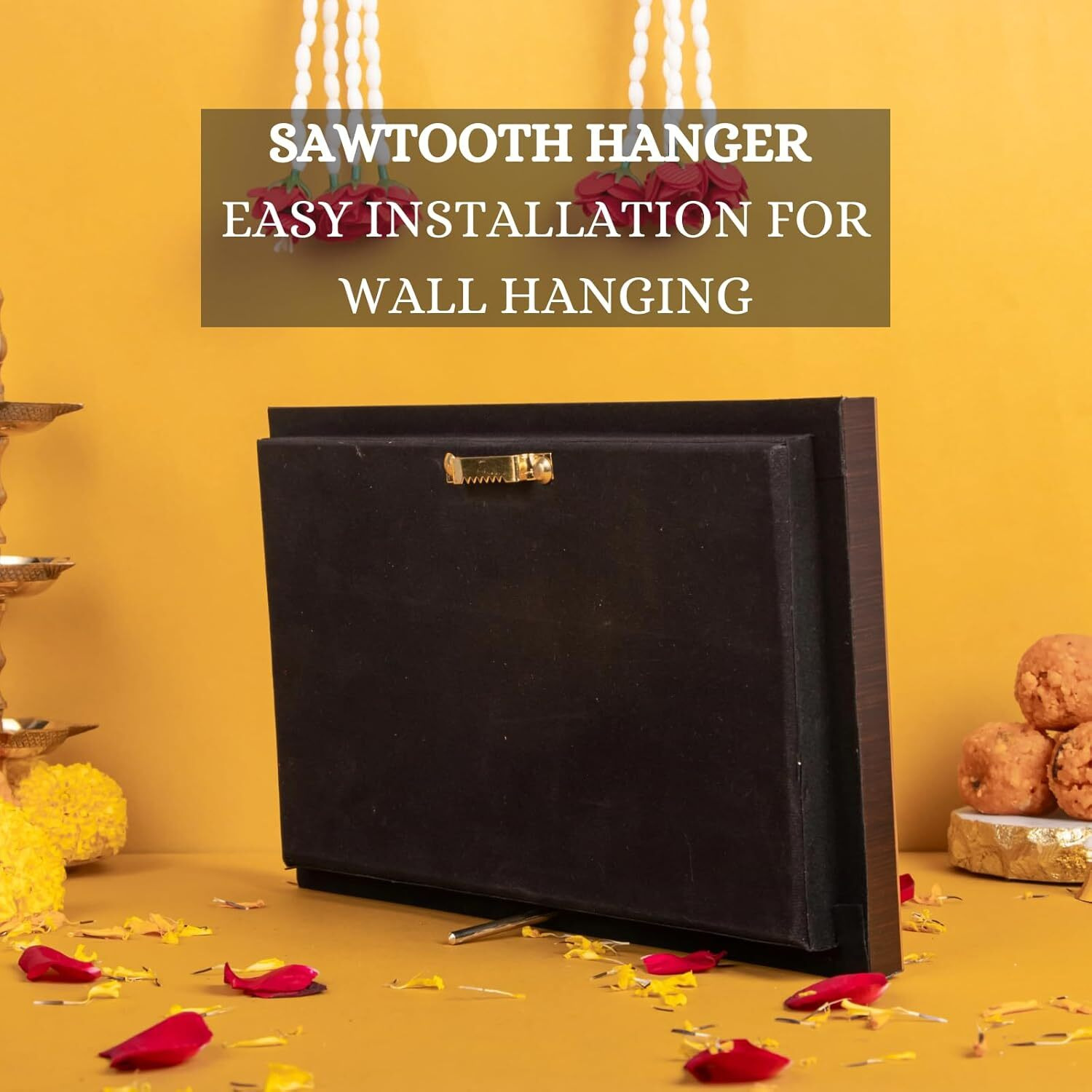 Golden Trimurti Photo Frame (Ganesha, Laxmi and Saraswati) - 10.5 x 6.5 Inches