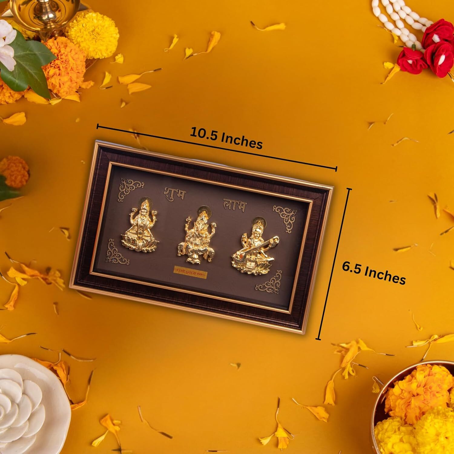 Golden Trimurti Photo Frame (Ganesha, Laxmi and Saraswati) - 10.5 x 6.5 Inches