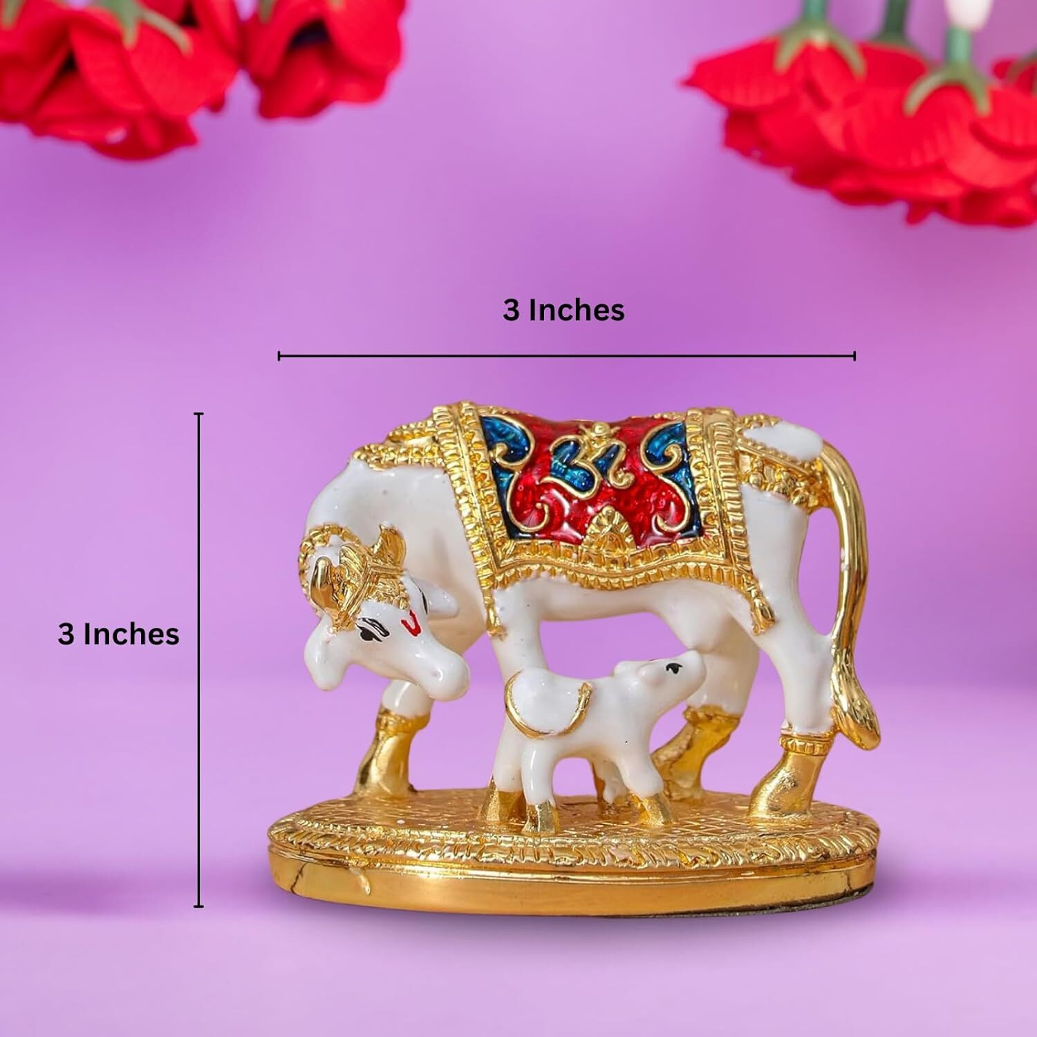 Kamdhenu Cow with Calf Idol for Home Decor - White - 3 Inches