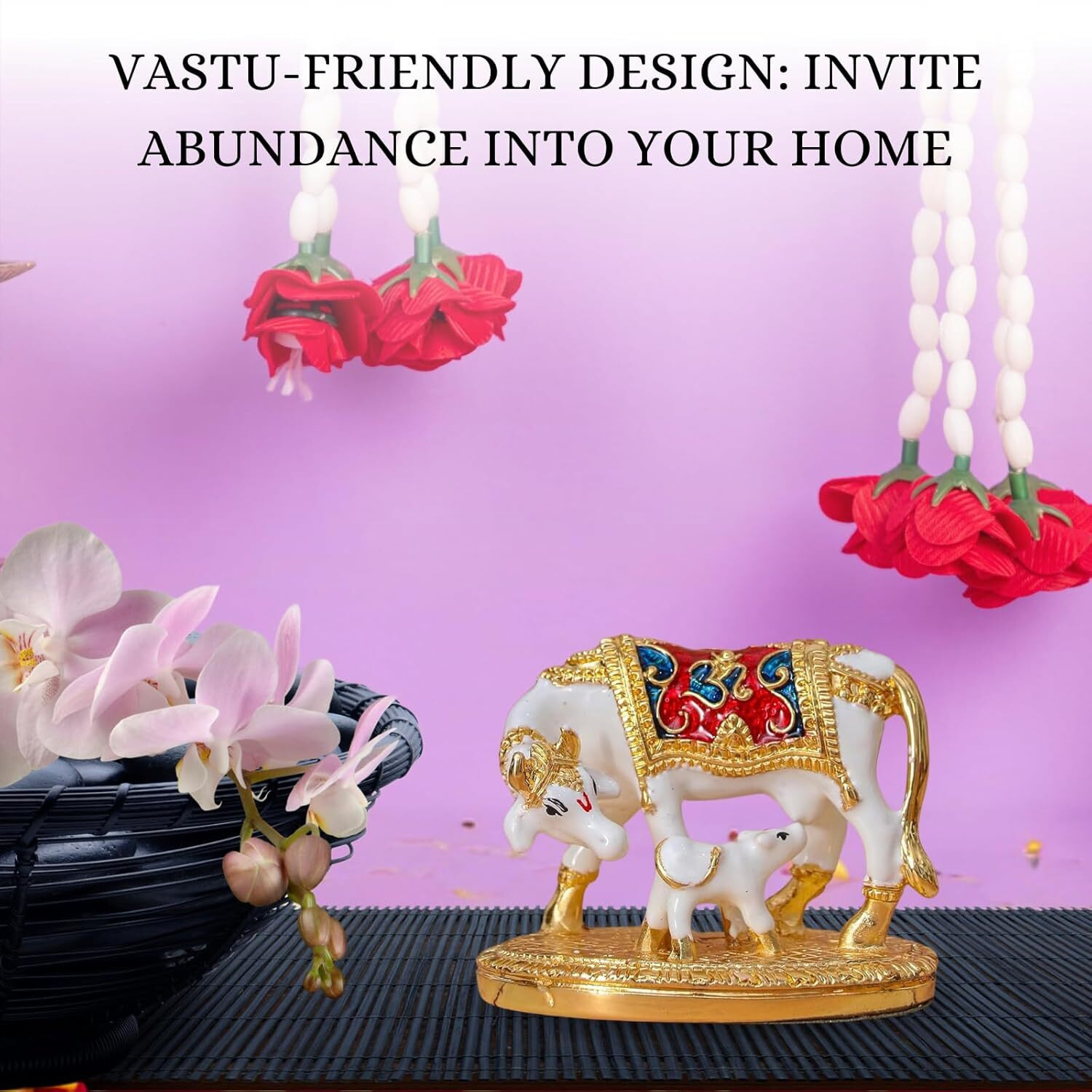 Kamdhenu Cow with Calf Idol for Home Decor - White - 3 Inches