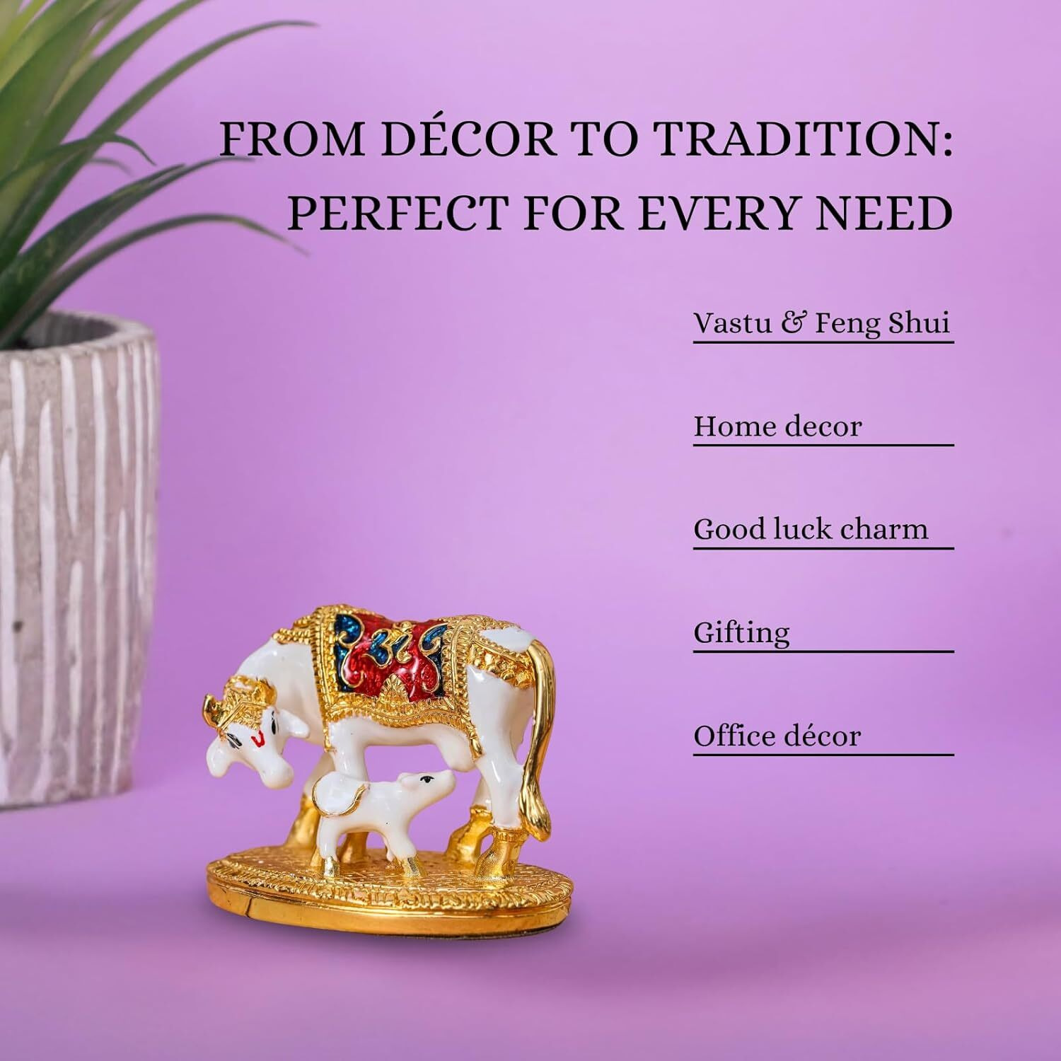 Kamdhenu Cow with Calf Idol for Home Decor - White - 3 Inches