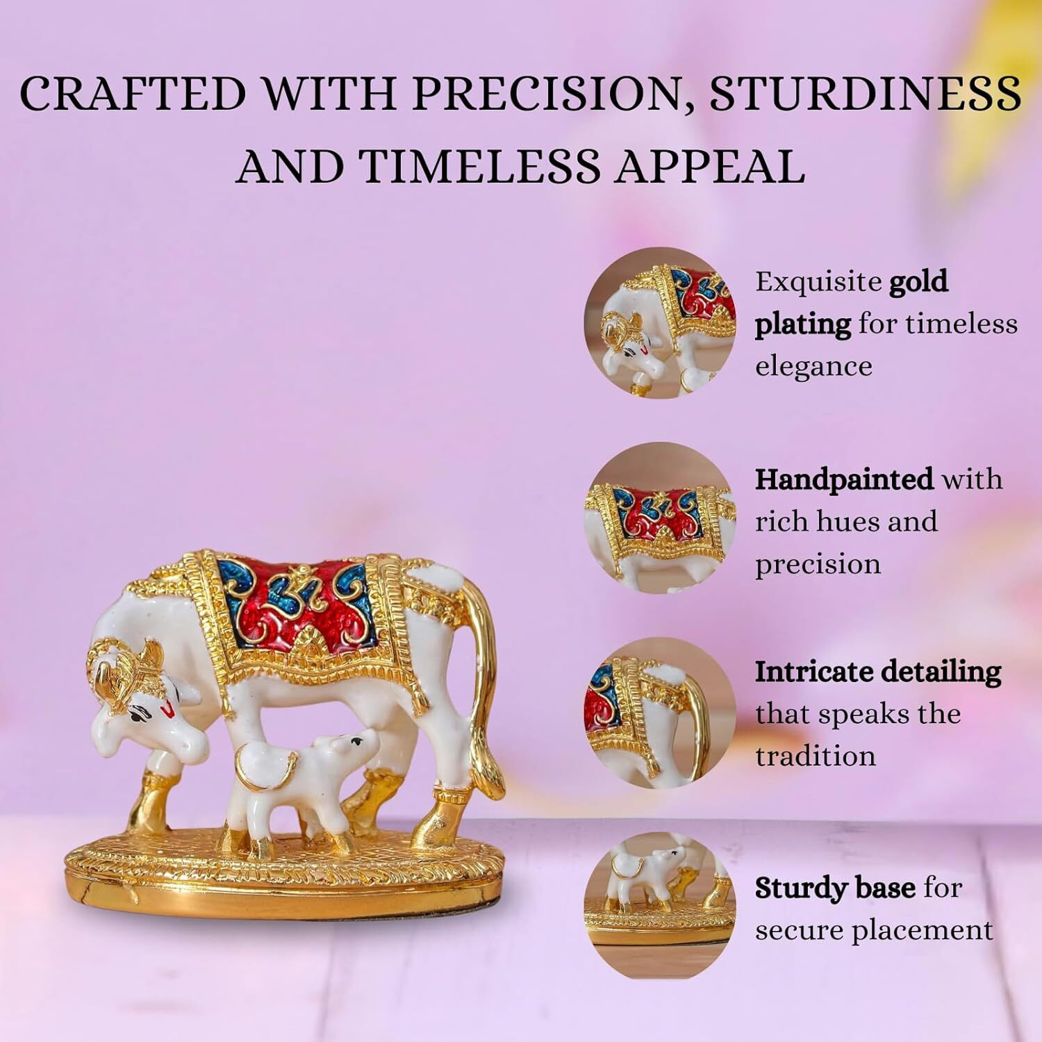 Kamdhenu Cow with Calf Idol for Home Decor - White - 3 Inches