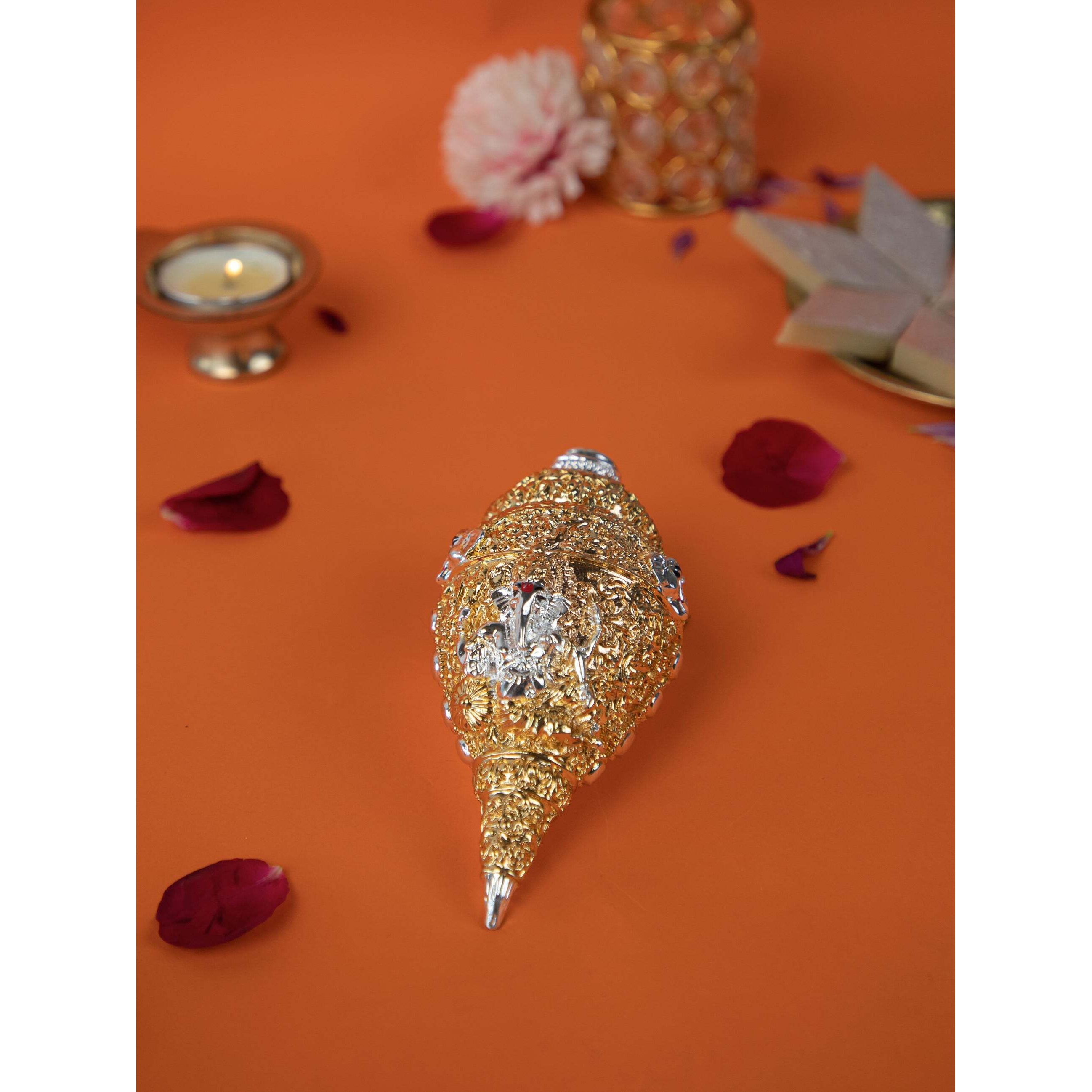 Golden Shankh with Velvet Box  Auspicious Conch Shell for Pooja, Vastu & Diwali Gifting
