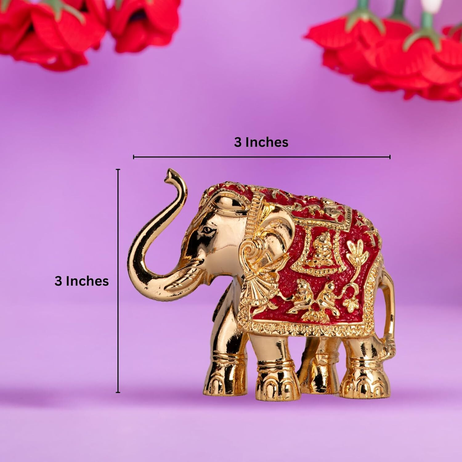 Gold Plated Meenakari Trunk Up Elephant Idol Showpiece for Vastu, Prosperity & Good Luck  3 Inches  Pack of 2  Red