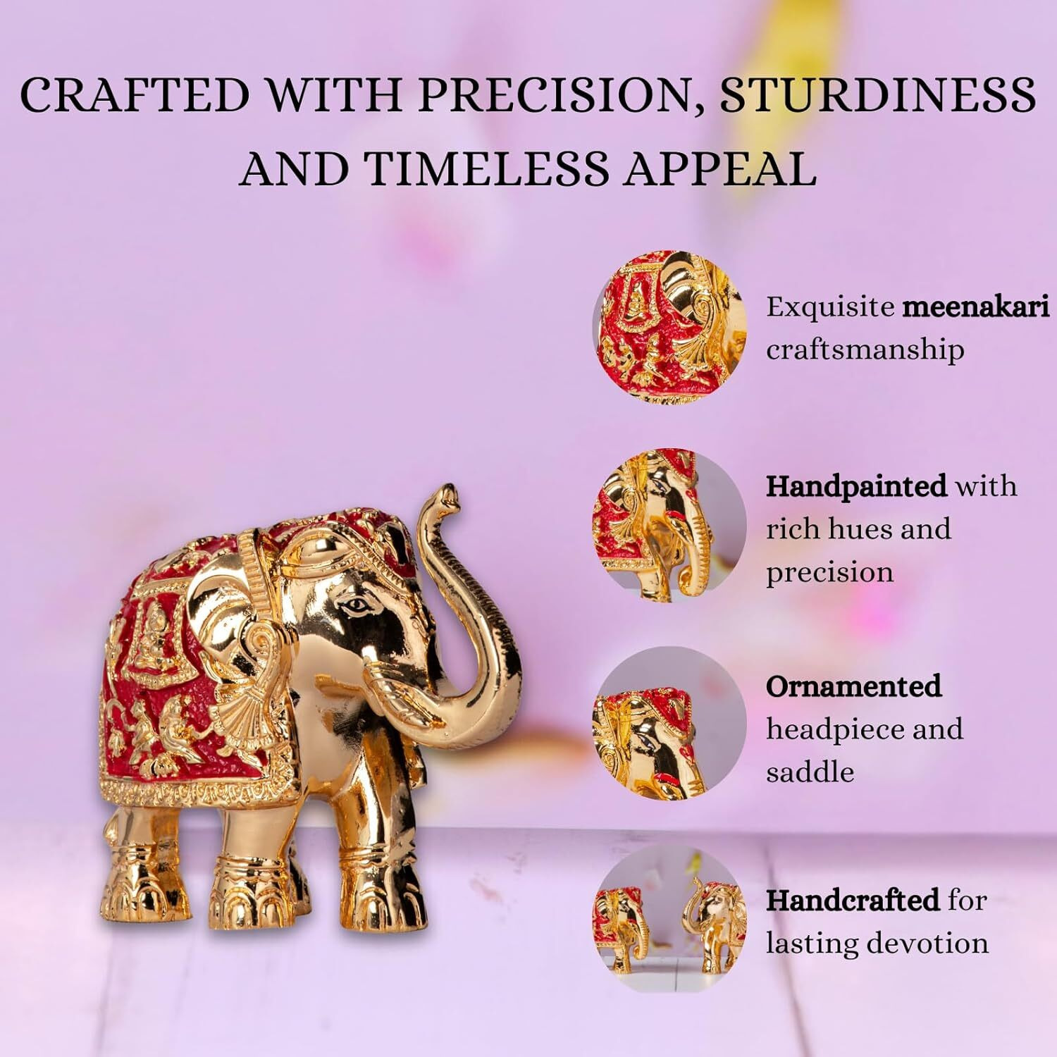 Gold Plated Meenakari Trunk Up Elephant Idol Showpiece for Vastu, Prosperity & Good Luck  3 Inches  Pack of 2  Red