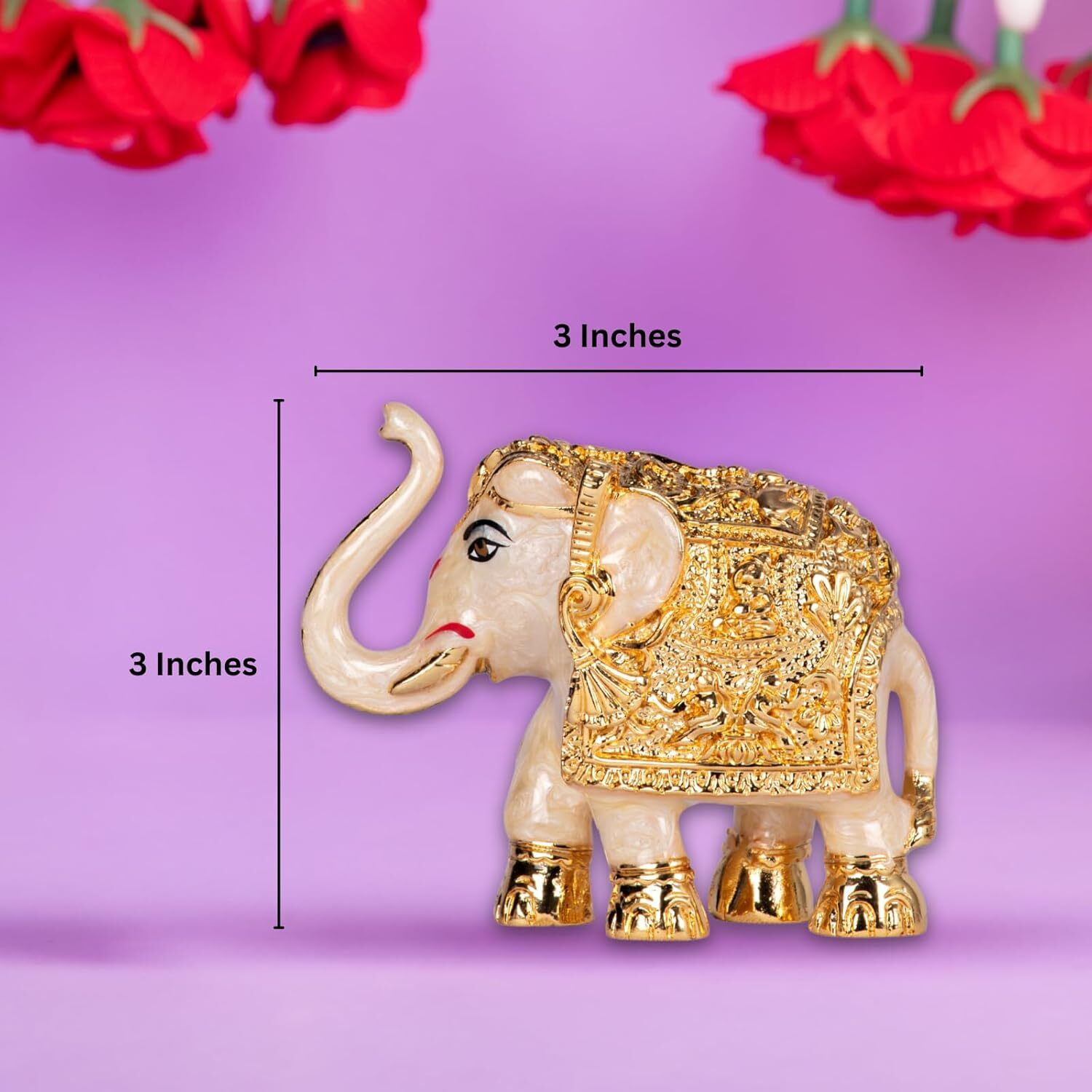 Gold Plated Trunk Up Elephant Idol Showpiece for Vastu, Prosperity, Good Luck, Gifting for House Warming and Home Decor - 3 Inches - (Pack of 2) - White