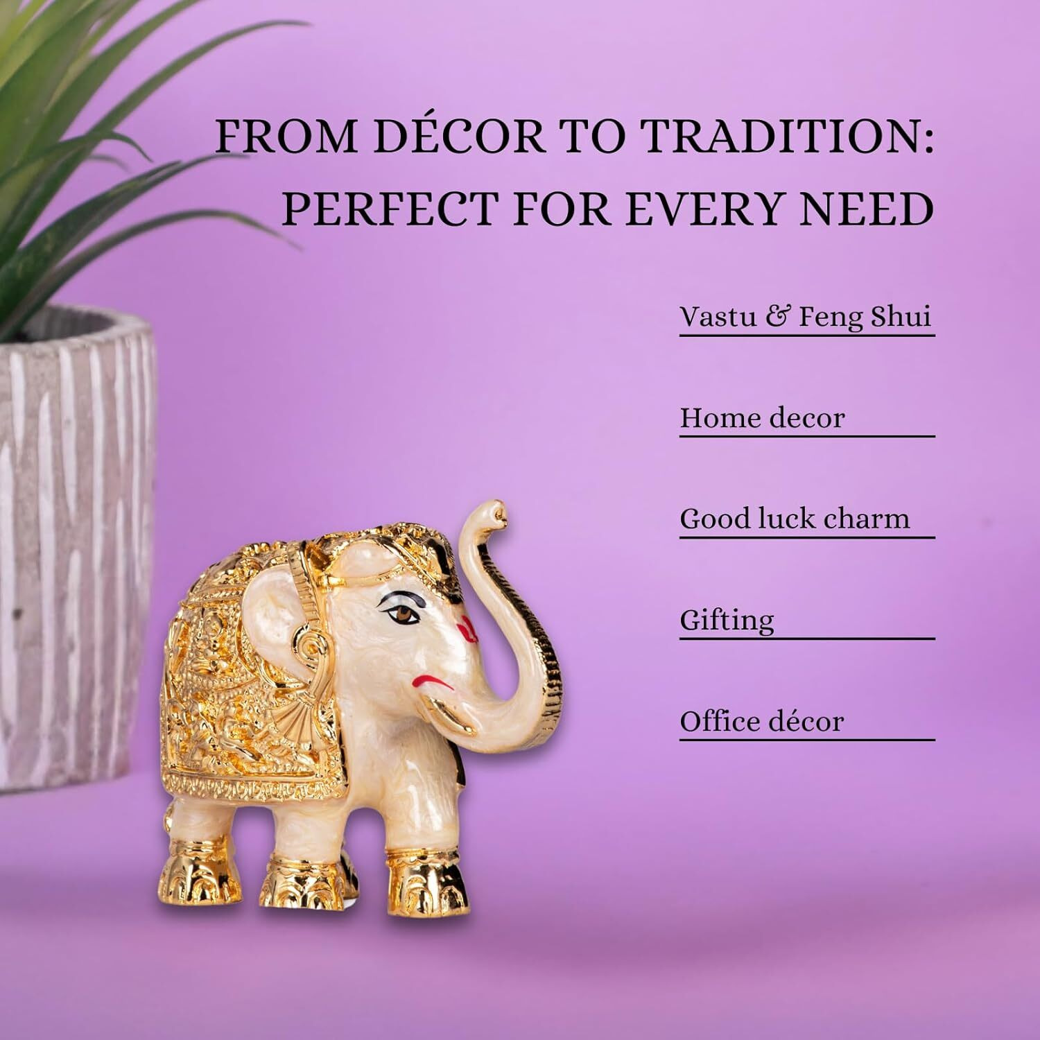 Gold Plated Trunk Up Elephant Idol Showpiece for Vastu, Prosperity, Good Luck, Gifting for House Warming and Home Decor - 3 Inches - (Pack of 2) - White