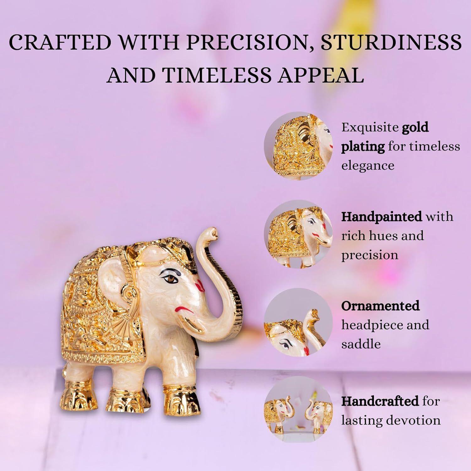 Gold Plated Trunk Up Elephant Idol Showpiece for Vastu, Prosperity, Good Luck, Gifting for House Warming and Home Decor - 3 Inches - (Pack of 2) - White