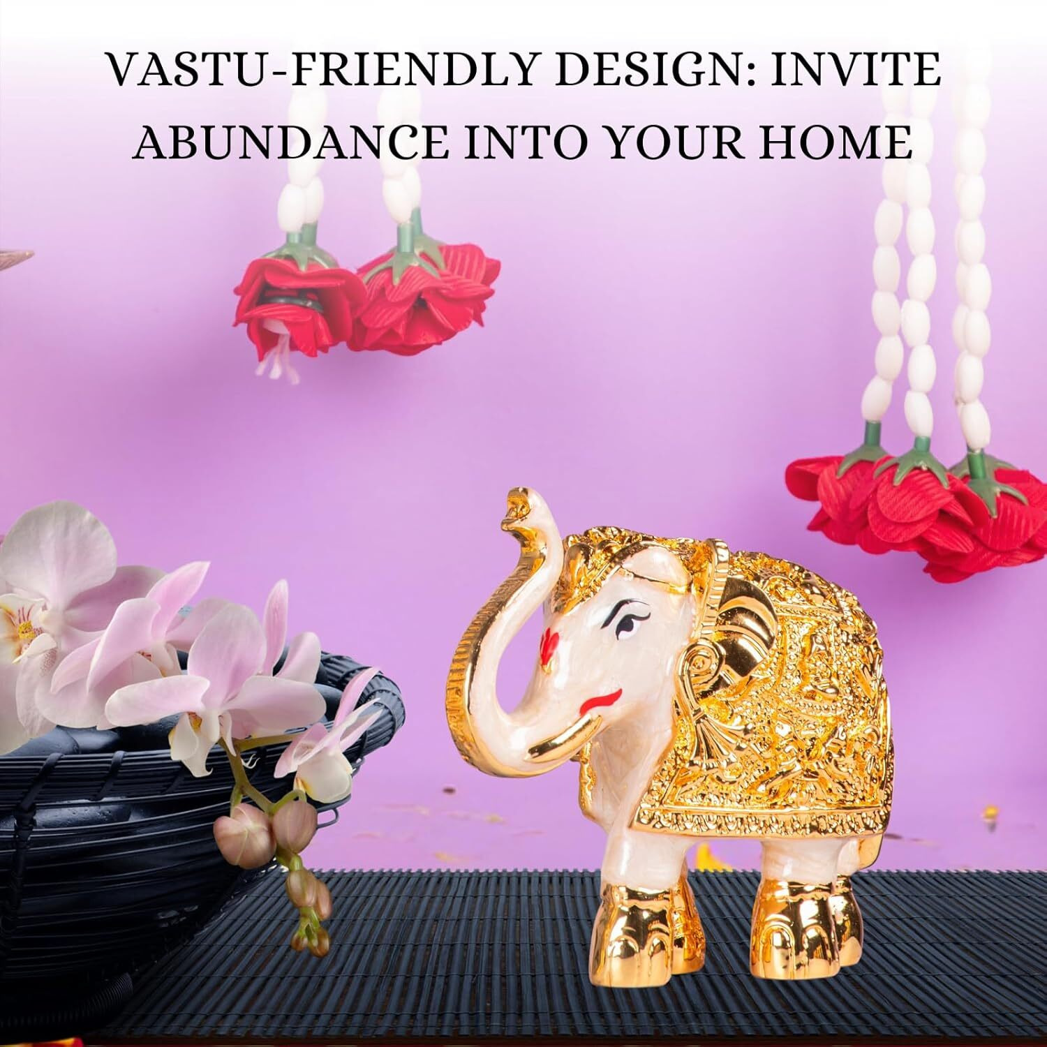 Gold Plated Trunk Up Elephant Idol Showpiece for Vastu, Prosperity, Good Luck, Gifting for House Warming and Home Decor - 3 Inches - (Pack of 2) - White