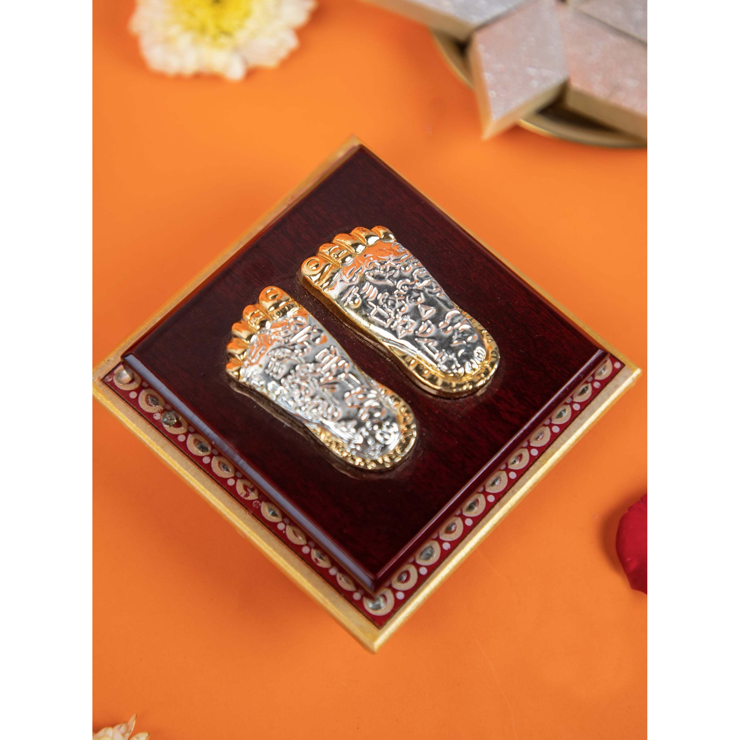 Laxmi Charan Paduka on Wooden Base  Silver & Gold Finish Feet for Pooja, Home Temple & Diwali Gifting