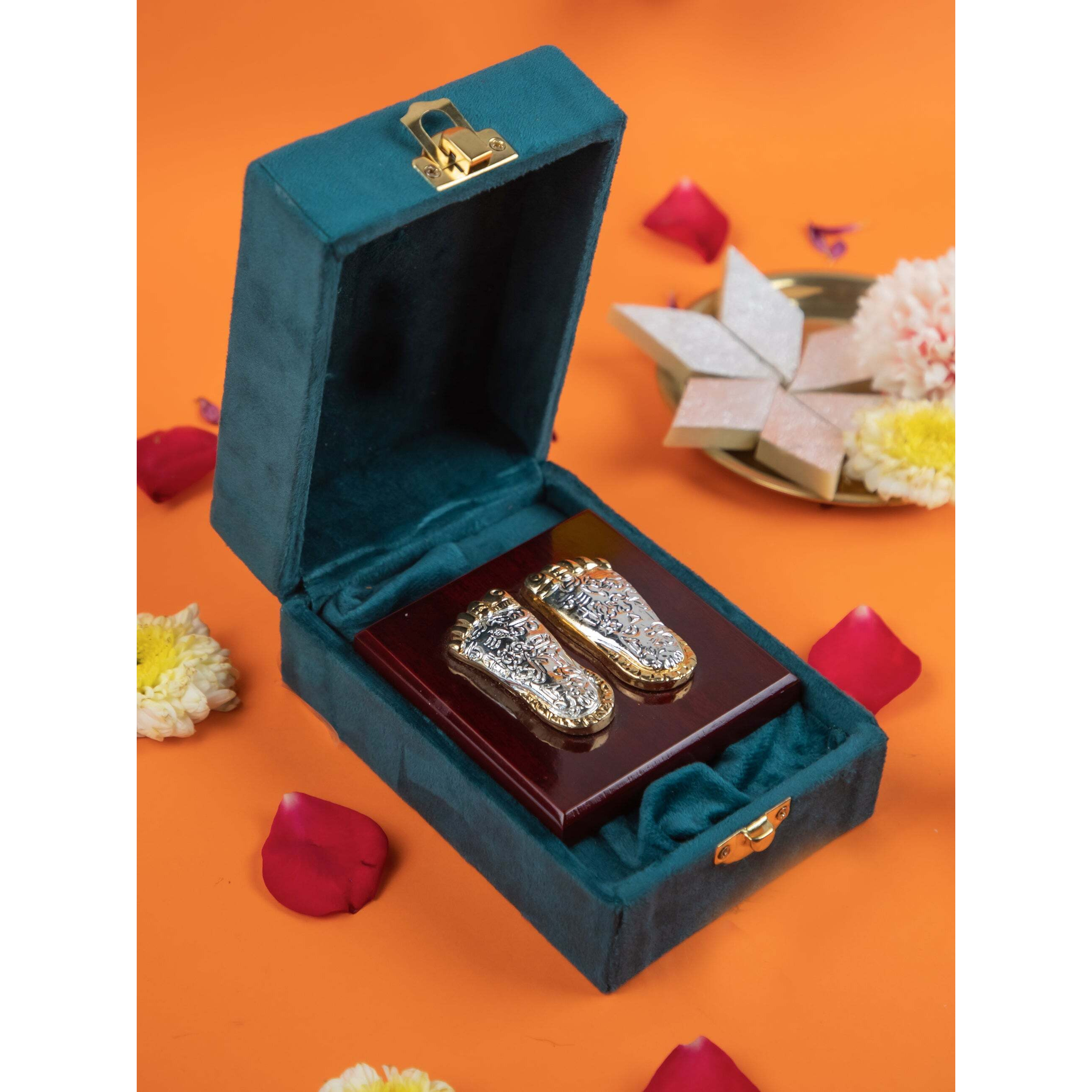 Laxmi Charan Paduka on Wooden Base  Silver & Gold Finish Feet for Pooja, Home Temple & Diwali Gifting