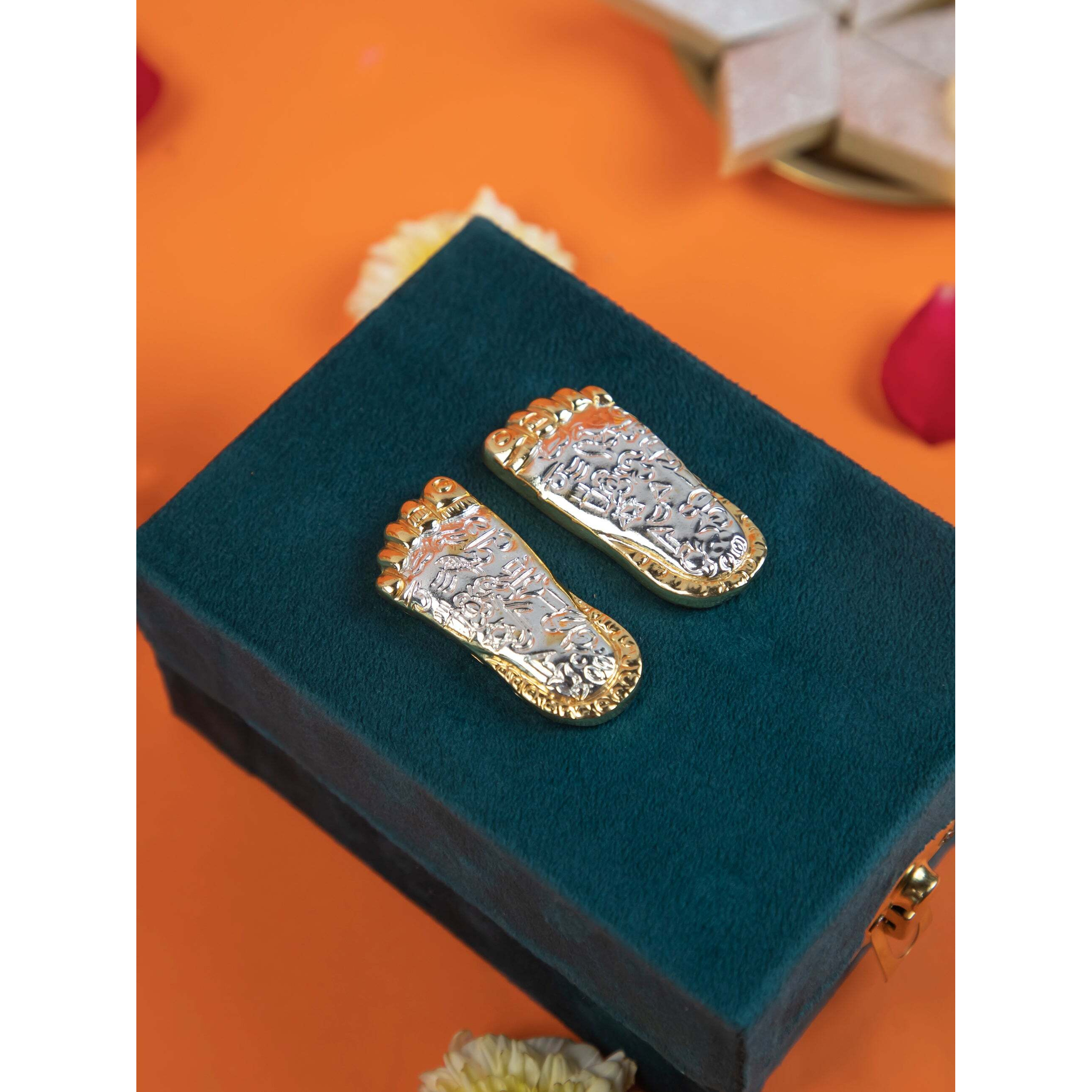 Laxmi Charan Paduka on Wooden Base  Silver & Gold Finish Feet for Pooja, Home Temple & Diwali Gifting