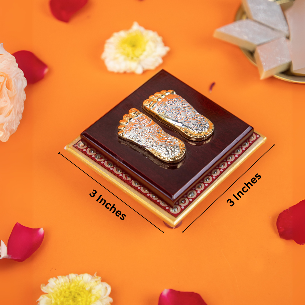 Laxmi Charan Paduka on Wooden Base  Silver & Gold Finish Feet for Pooja, Home Temple & Diwali Gifting