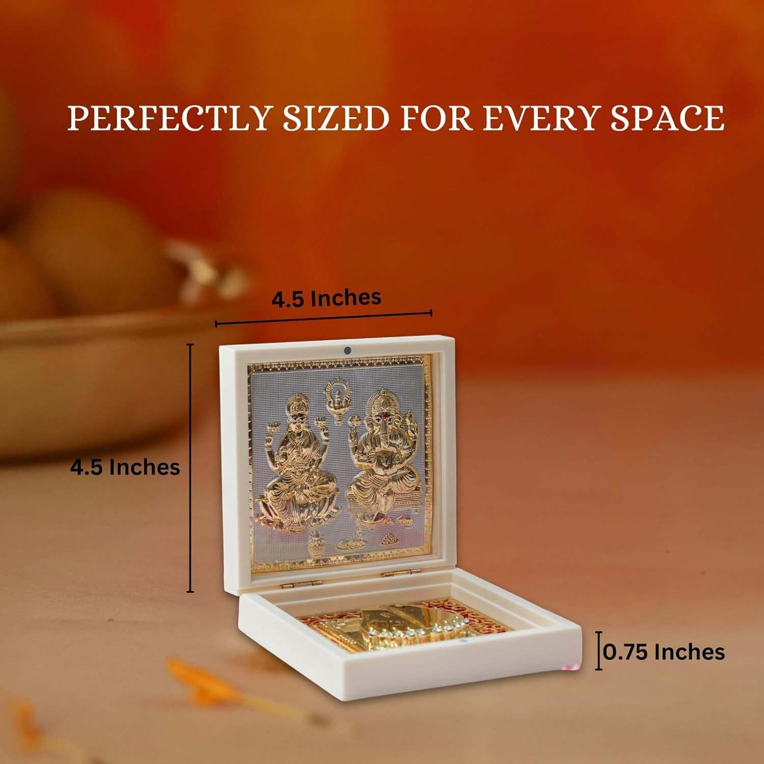 Gold Plated Laxmi Ganesh Pocket Temple Box for Pooja Room | Lakshmi-Ganesha Divine Pooja Boxes With Photo Frame & Charan Paduka | Diwali Gift & Home Decor - White - 4.5 Inches -Pack of 1