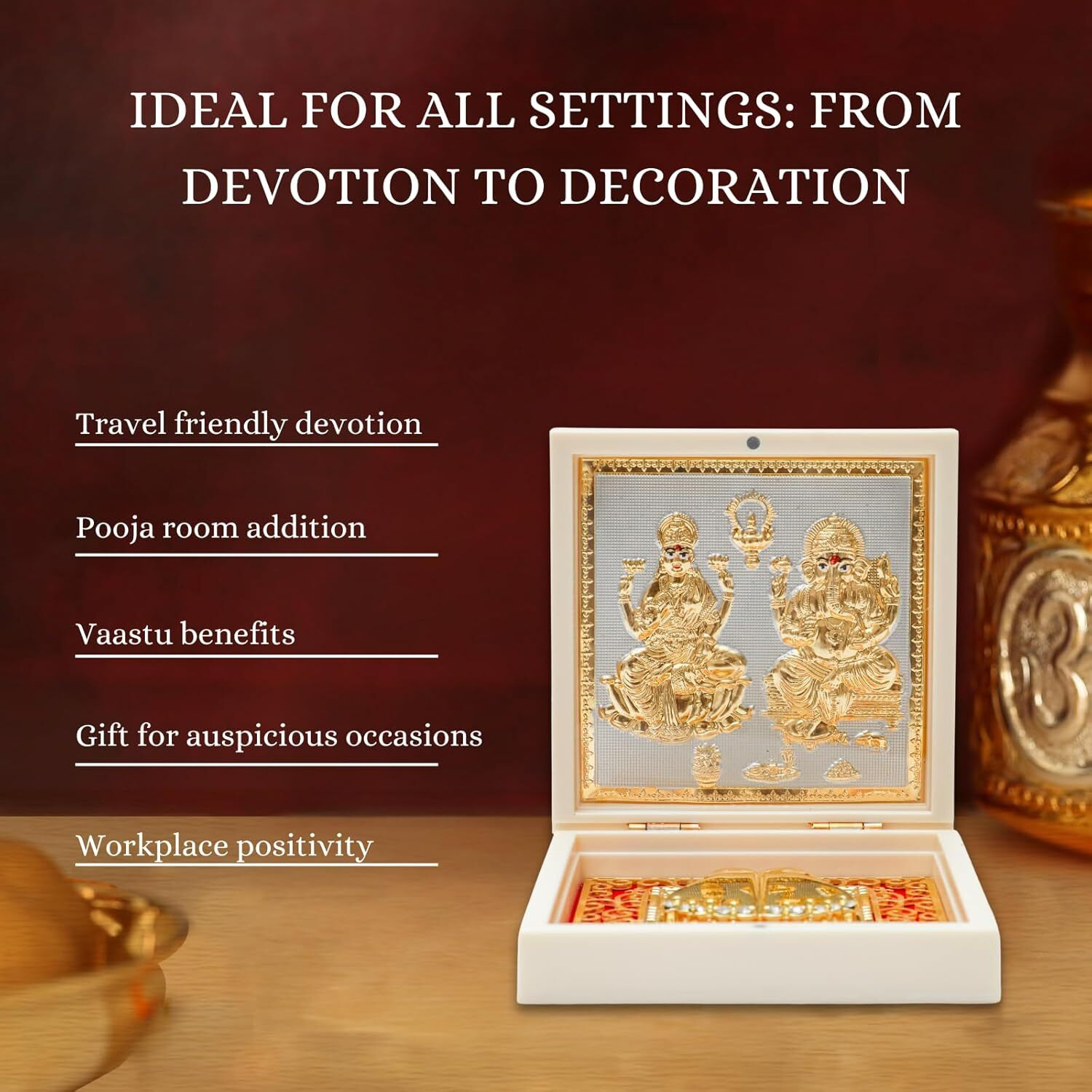 Gold Plated Laxmi Ganesh Pocket Temple Box for Pooja Room | Lakshmi-Ganesha Divine Pooja Boxes With Photo Frame & Charan Paduka | Diwali Gift & Home Decor - White - 4.5 Inches -Pack of 1