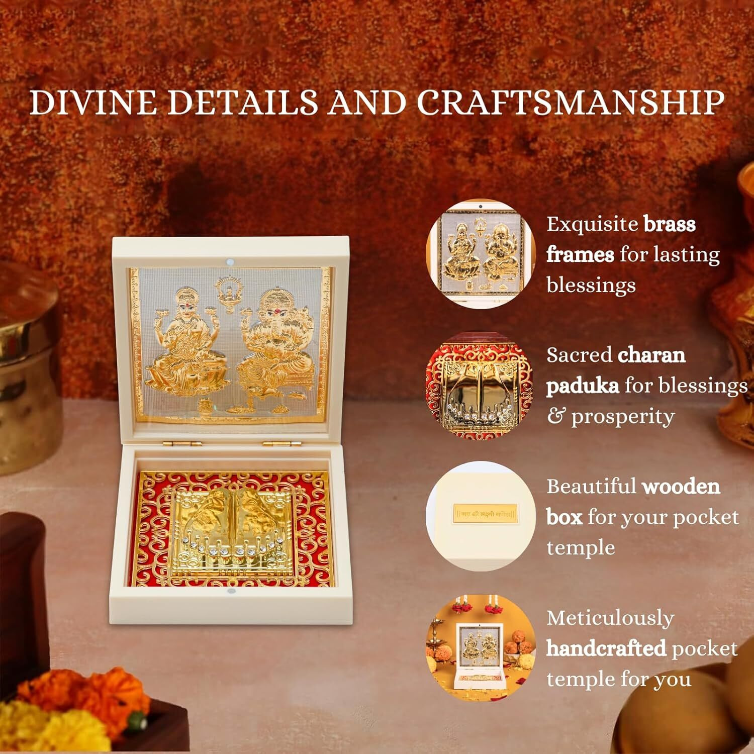 Gold Plated Laxmi Ganesh Pocket Temple Box for Pooja Room | Lakshmi-Ganesha Divine Pooja Boxes With Photo Frame & Charan Paduka | Diwali Gift & Home Decor - White - 4.5 Inches -Pack of 1