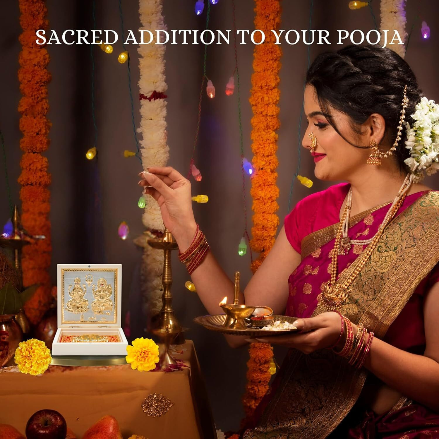 Gold Plated Laxmi Ganesh Pocket Temple Box for Pooja Room | Lakshmi-Ganesha Divine Pooja Boxes With Photo Frame & Charan Paduka | Diwali Gift & Home Decor - White - 4.5 Inches -Pack of 1