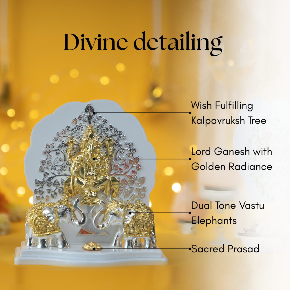 Kalpavriksh Ganesh Idol with Dual-Tone Elephants  Gold & Silver Plated Decorative Showpiece for Home & Gifting