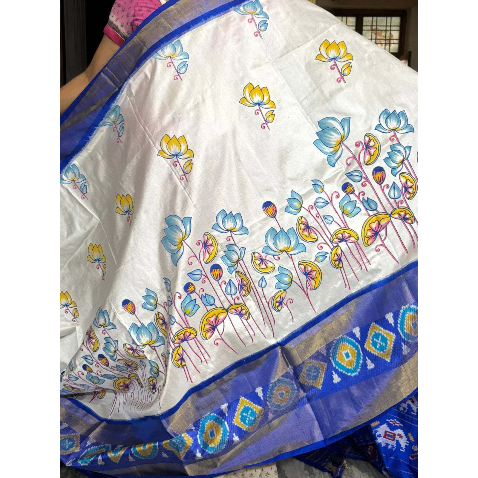 Pure Pochampally Ikkat Silk Kalamkari Designer Blue White Saree