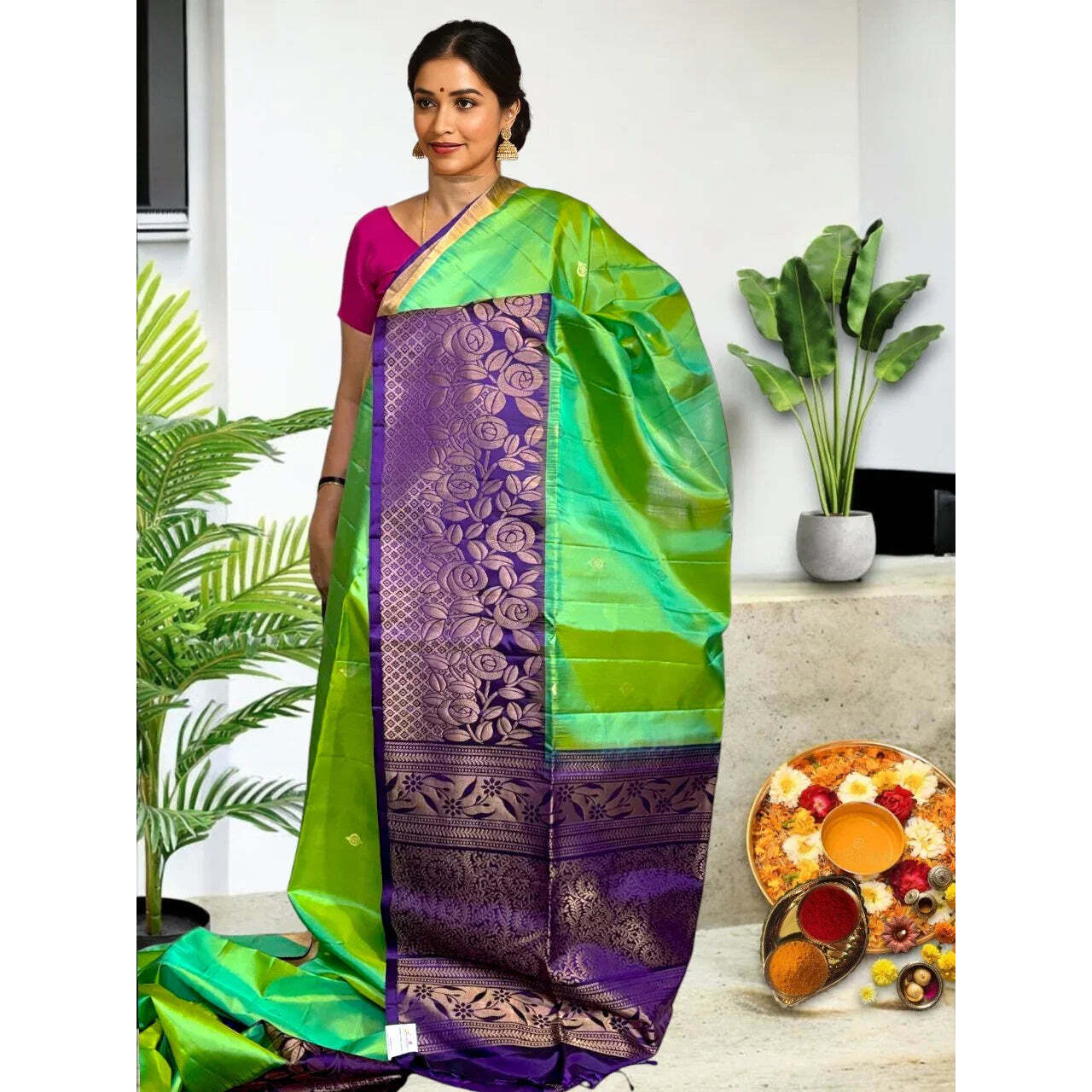 Pure Soft Silk Parrot Green Lavender Saree