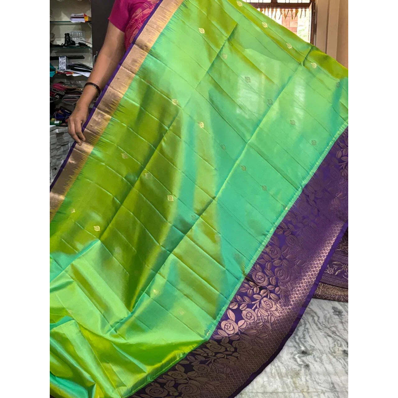 Pure Soft Silk Parrot Green Lavender Saree