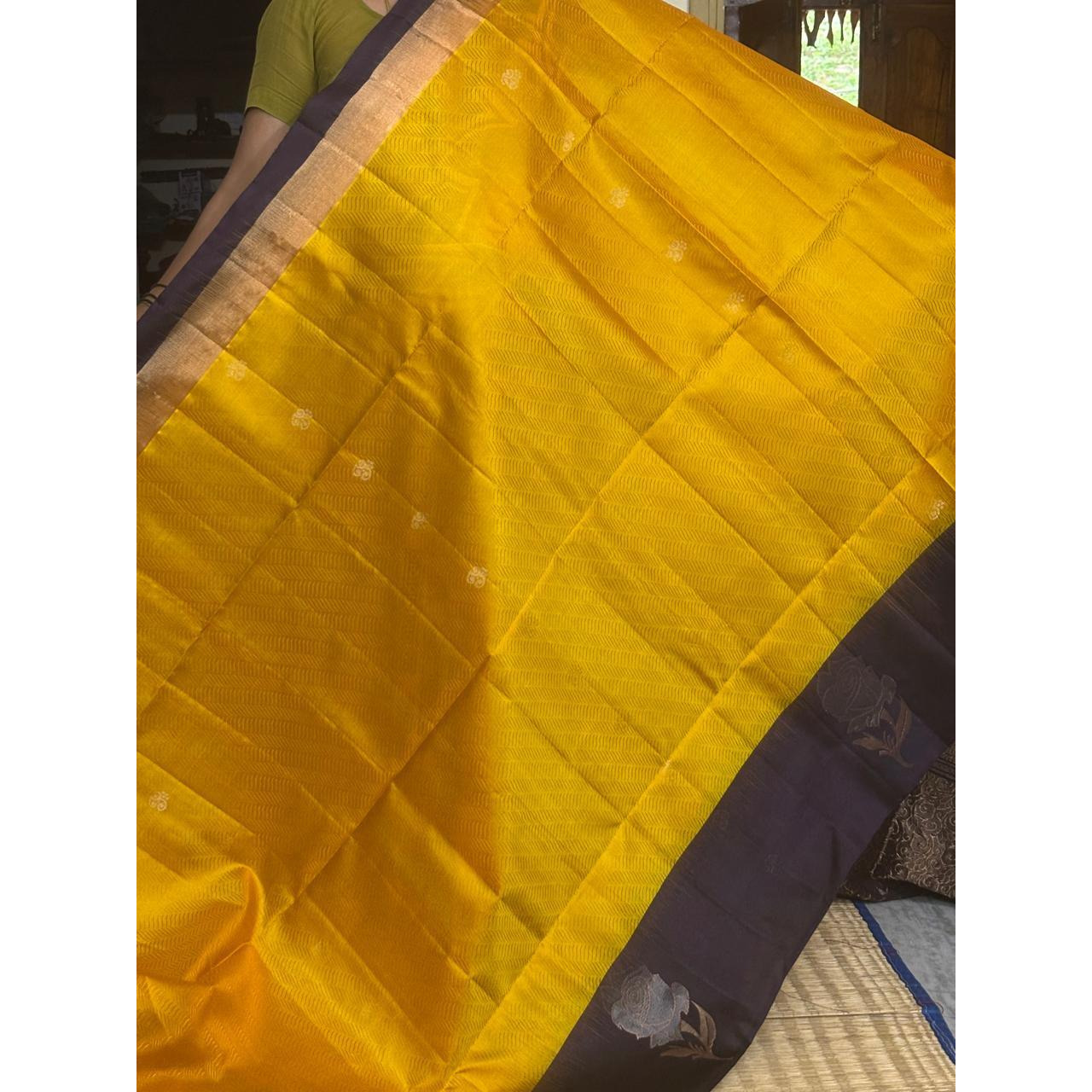 Yellow Chocolate Color Designer Kanchi Pure Soft Silk Saree