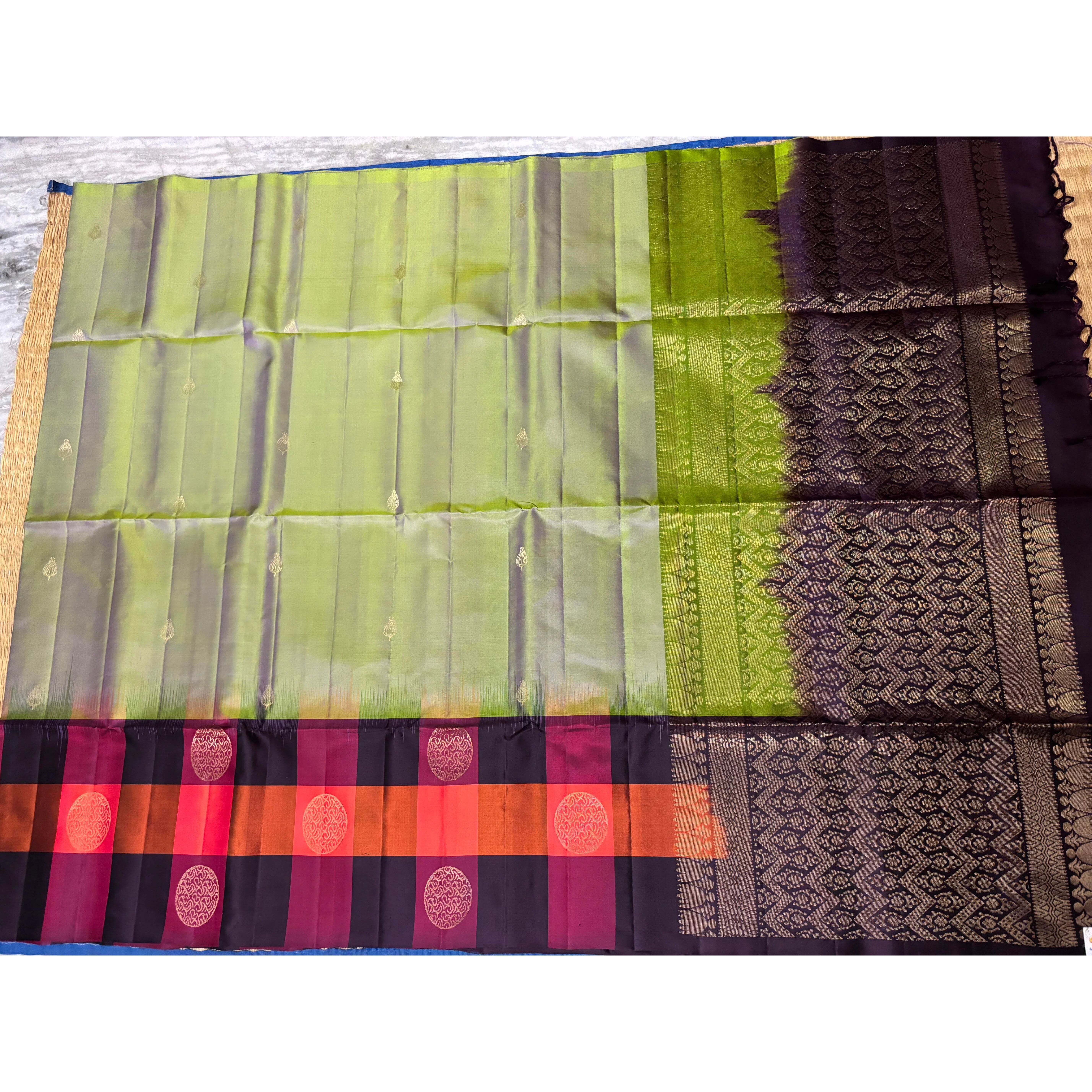 Pista Green With Chocolate Designer Kanchi Pure Soft Silk Saree