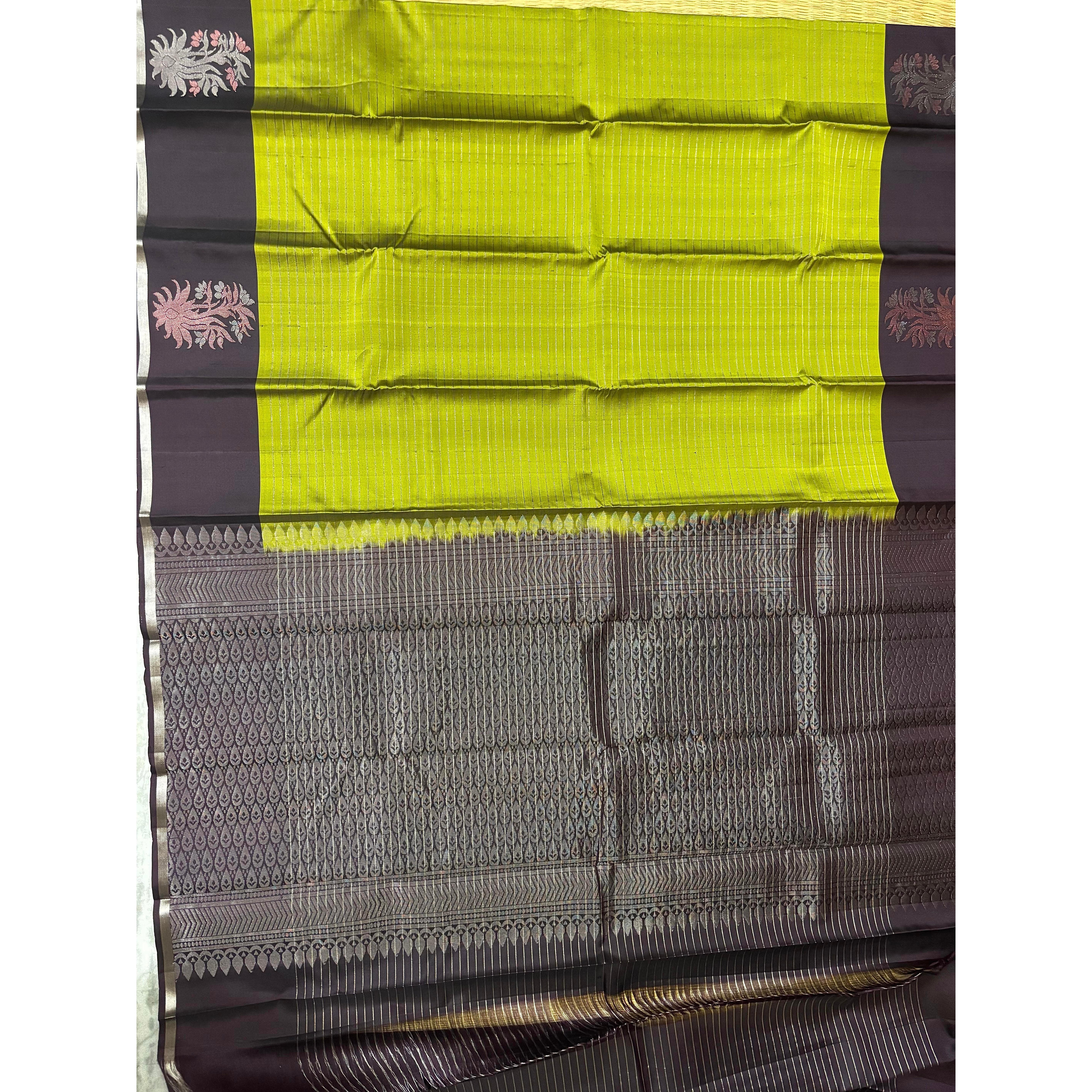Olive Green Black Designer Kanchi Pure Soft Silk Saree