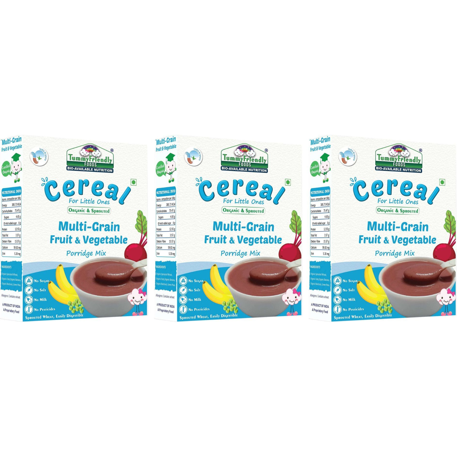 TummyFriendly Foods Organic Sprouted Multi Grain Fruit Vegetable Porridge Mix|600g (200g each pack) Cereal (600 g, Pack of 3, 8+ Months)