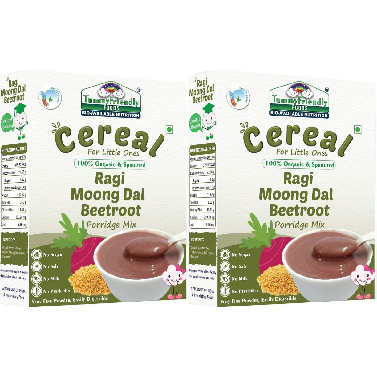 TummyFriendly Foods Organic Sprouted Ragi Moong Dal Beetroot Porridge Mix | 400g, (200g each pack) Cereal (400 g, Pack of 2, 6+ Months)