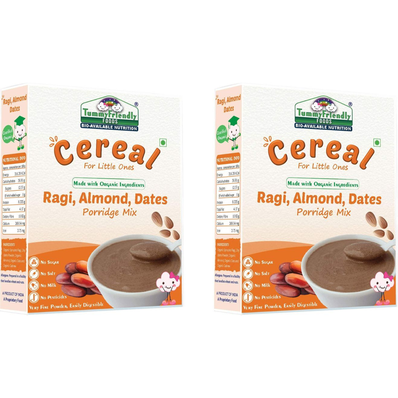 TummyFriendly Foods Organic Sprouted Ragi, Almond, Dates Porridge Mix | 400g, 200g each pack Cereal (400 g, Pack of 2, 8+ Months)