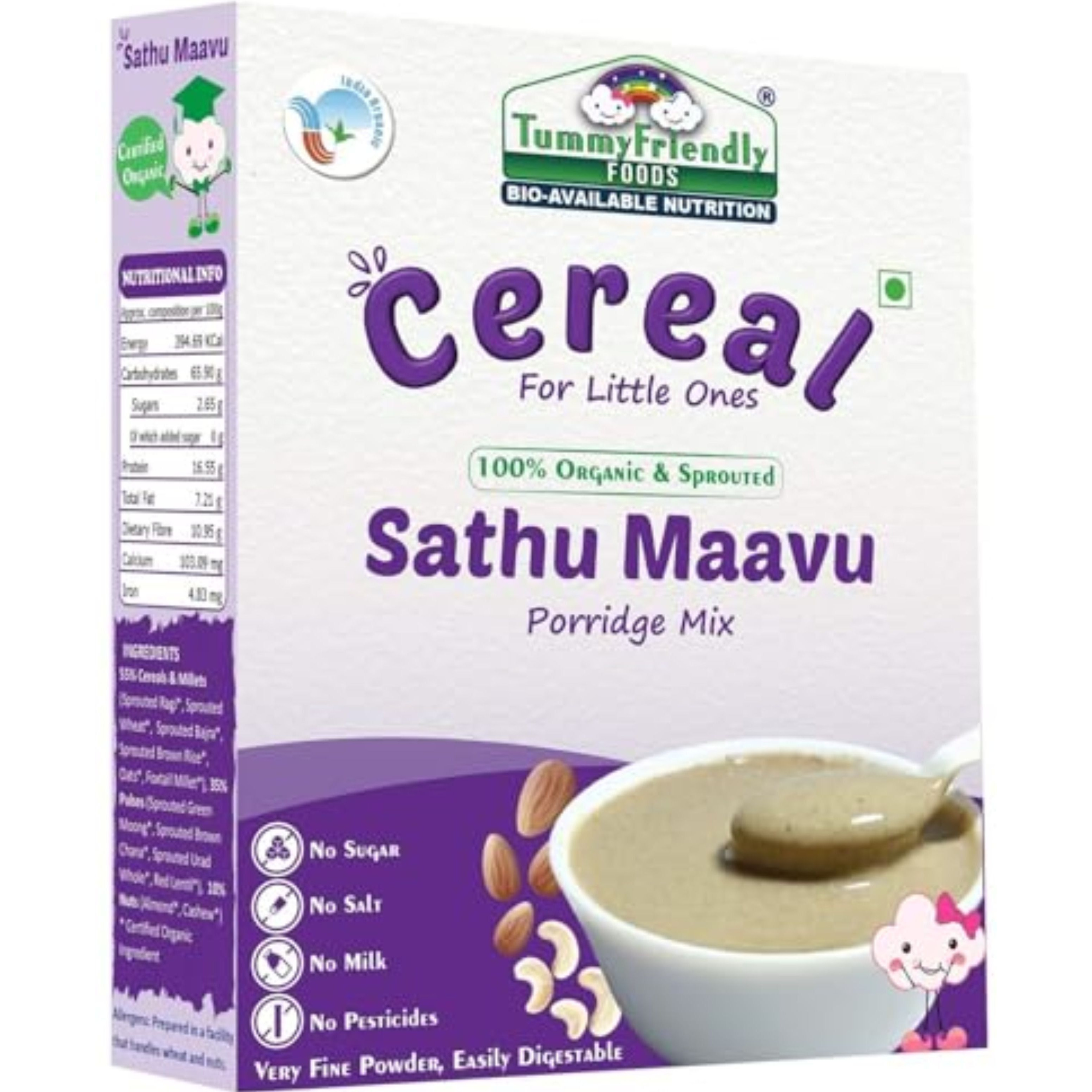 TummyFriendly Foods USDA Certified 100% Organic Sathu Maavu, 100% Organic Sprouted Ragi, Oats, Red Lentil, Banana Porridge Mixes , Made of Sprouted Whole Wheat & Sprouted Whole Grain Ragi, Oats , Rich in Calcium, Iron, Fibre & Micro-Nutrients ,200g Each, 2Packs Cereal (400 g, Pack of 2, 24+ Months)