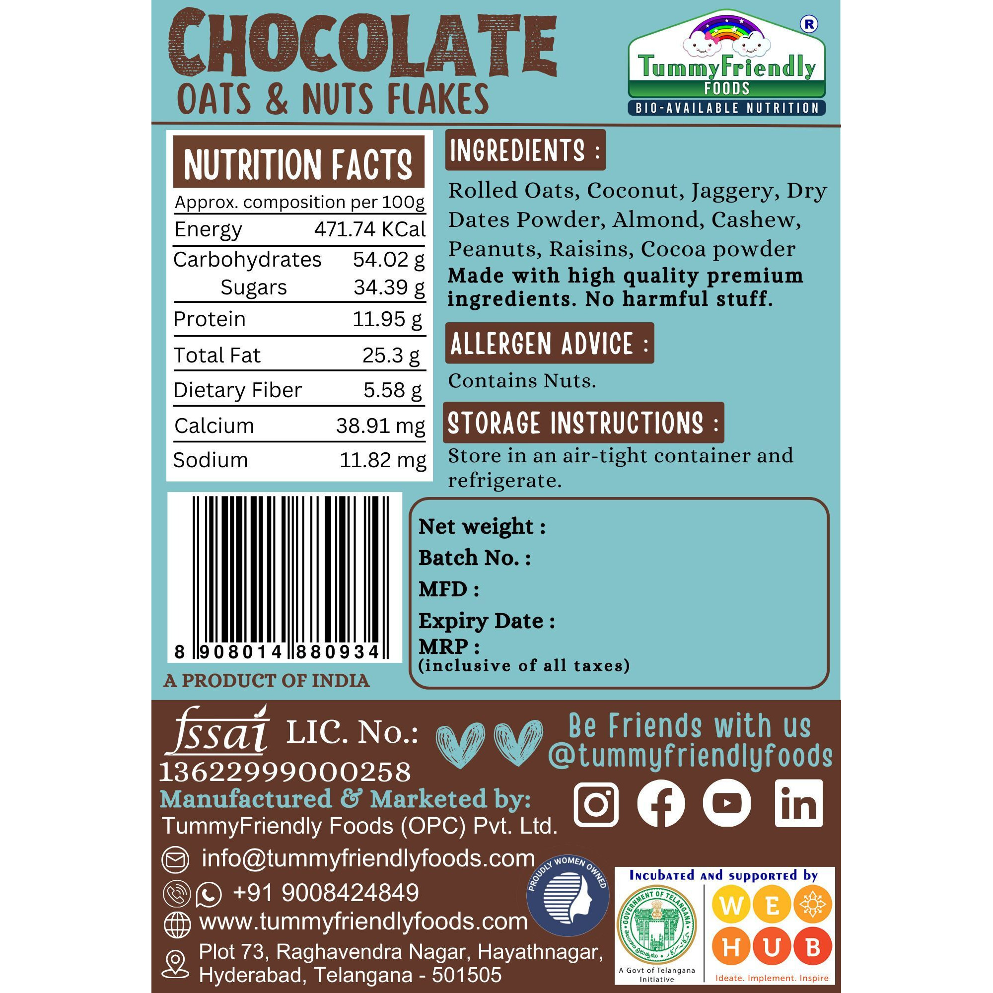 TummyFriendly Foods Tummy Friendly Foods Chocolate Oats and Nuts Mix 400g, (Each pack 100g) Baby Snacks 400 g