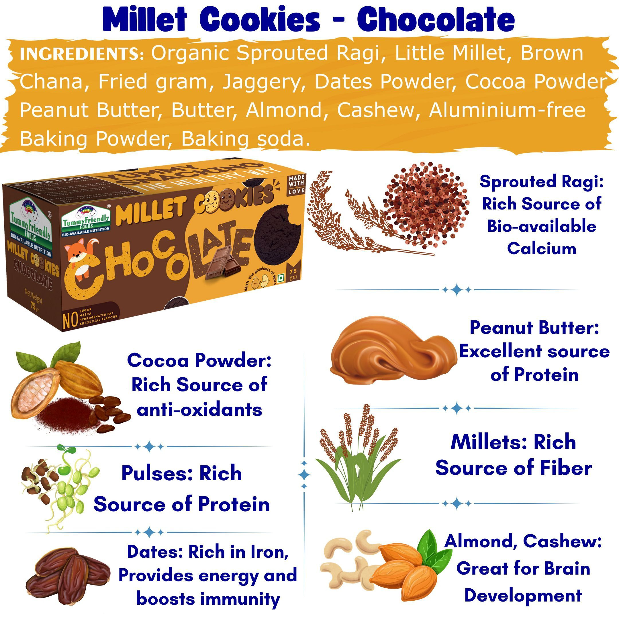 TummyFriendly Foods Ragi Millet Cookies - Chocolate. Healthy Biscuits for Kids, Babies, Adults 4x75 Cookies Biscuit (75 g)