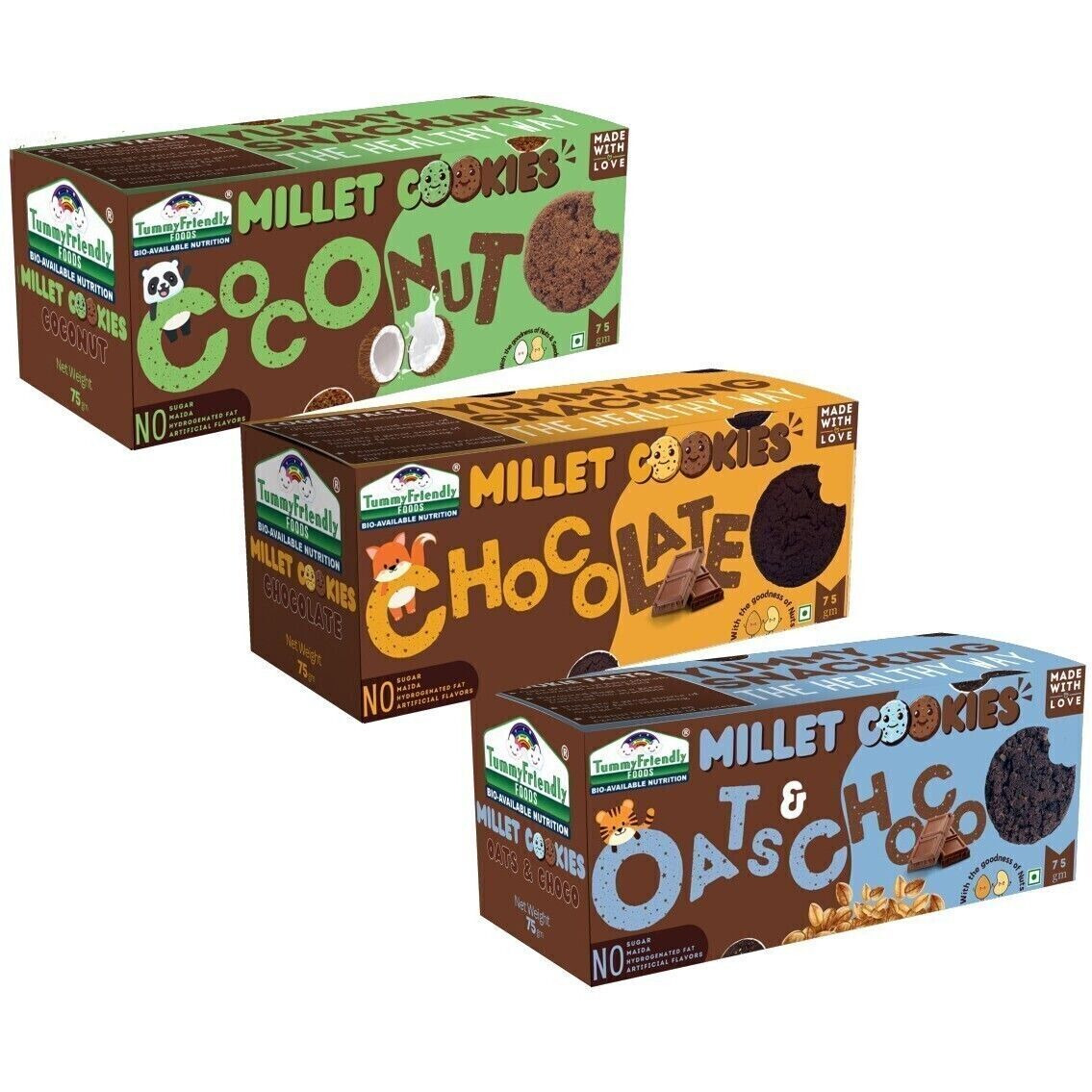 TummyFriendly Foods Millet Cookies - OatsChoco,Choco & Coconut. Healthy Biscuits for Kids, & Adults Cookies Biscuit (3 x 75 g)