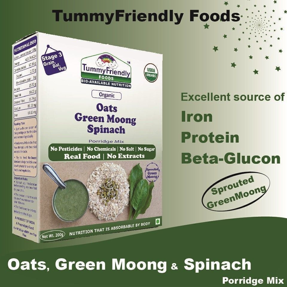 TummyFriendly Foods USDA Certified Organic Oats, Green Moong, Spinach Porridge Mix | Organic Baby Food for 8 Months Old | Made of Sprouted Whole Green Moong | Rich in Iron, Protein & Micro-Nutrients | 200g Cereal (200 g, 8+ Months)