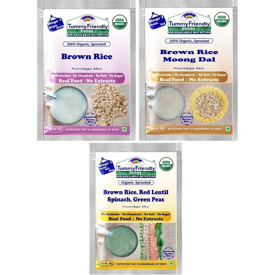 TummyFriendly Foods USDA Certified Brown Rice Porridge Mixes - Stage1, Stage2, Stage3 | Rich in Gamma-Aminobutyric Acid (GABA), Protein |3 Packs, 50g Each Cereal (150 g, Pack of 3, 24+ Months)