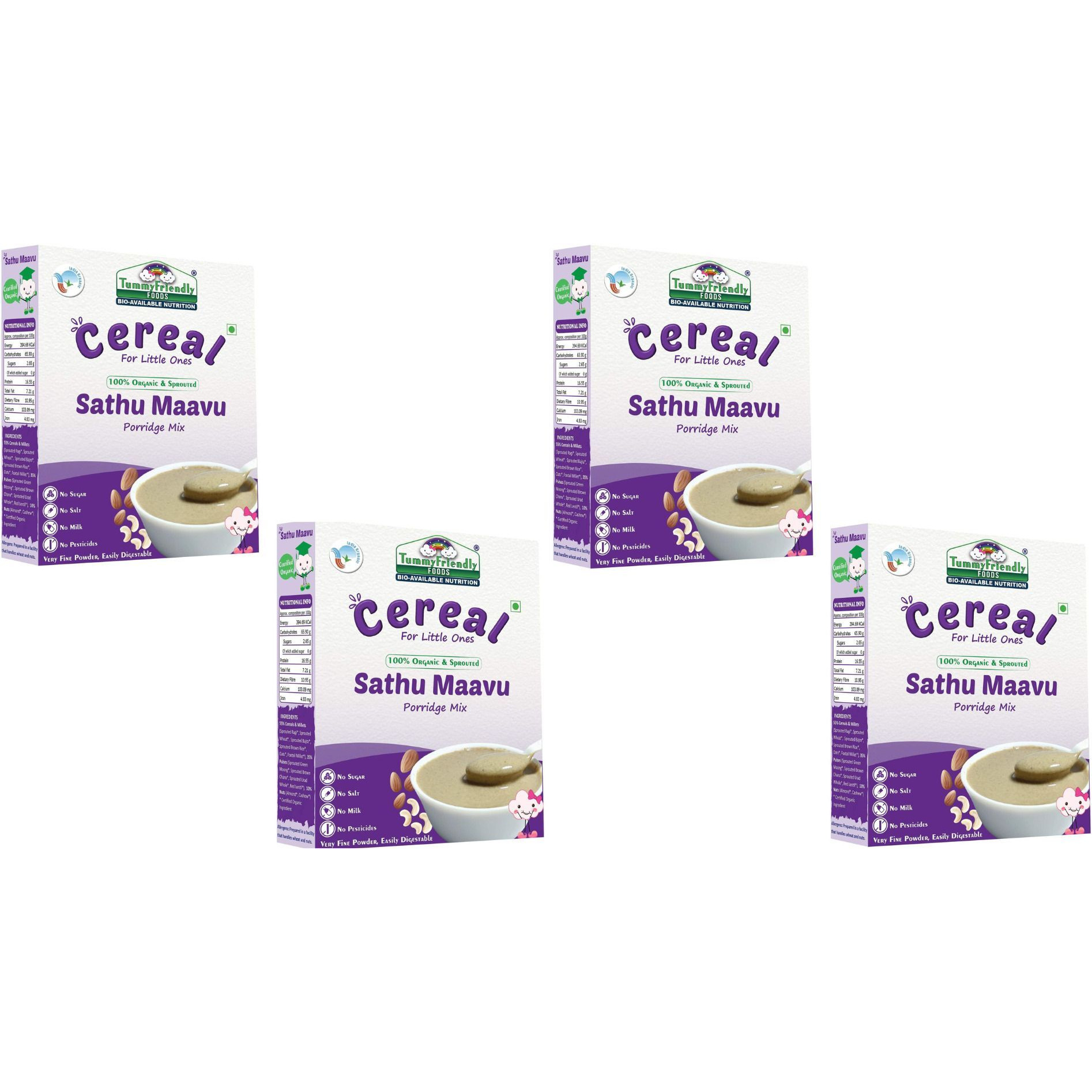 TummyFriendly Foods Organic Sprouted Sathu Maavu Porridge Mix | 400g, (200g each pack) Cereal (800 g, Pack of 4, 8+ Months)