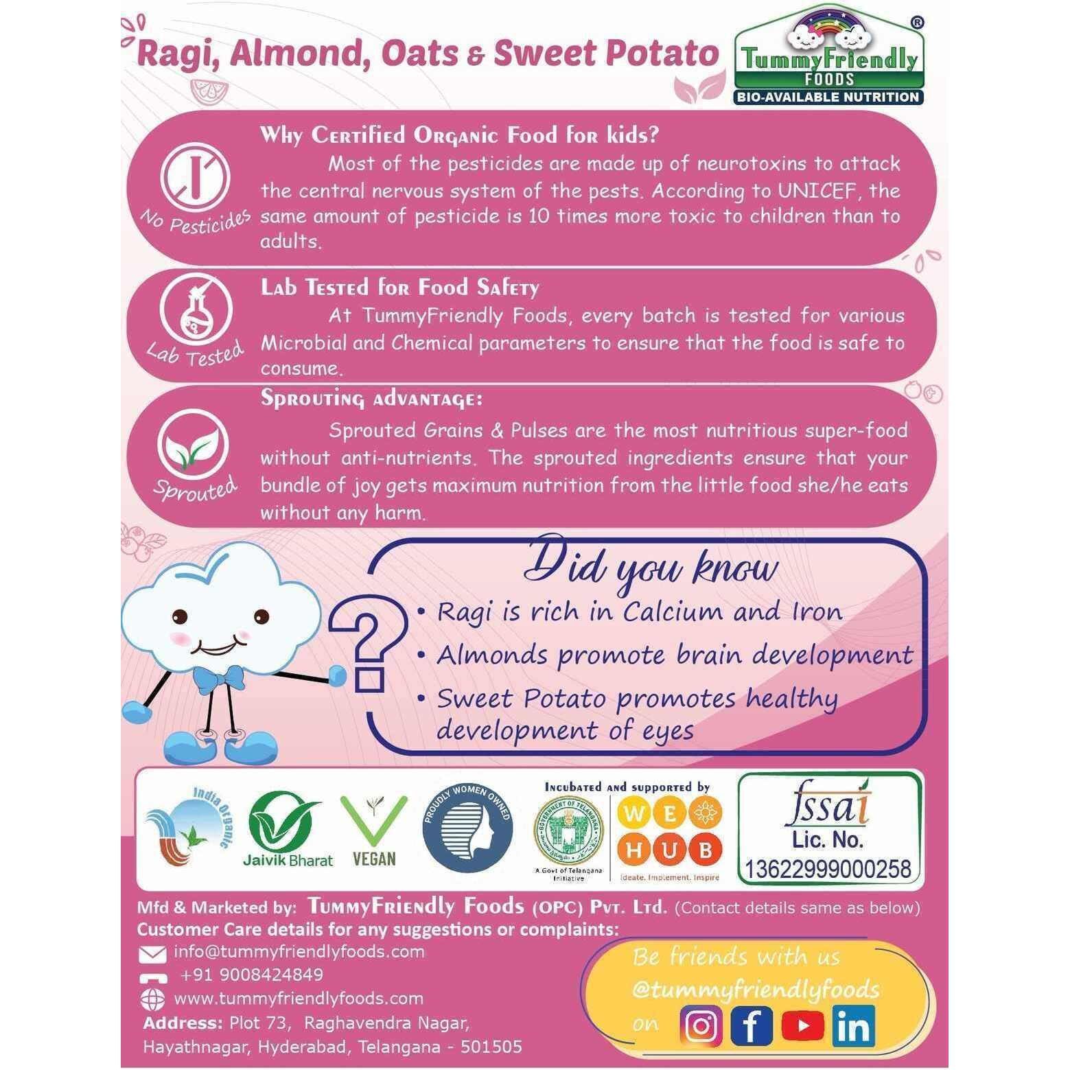 TummyFriendly Foods Organic Sprouted Ragi, Almond,Oats, Sweet Potato Prdge Mix|400g,(200g each pack) Cereal (400 g, Pack of 2, 8+ Months)