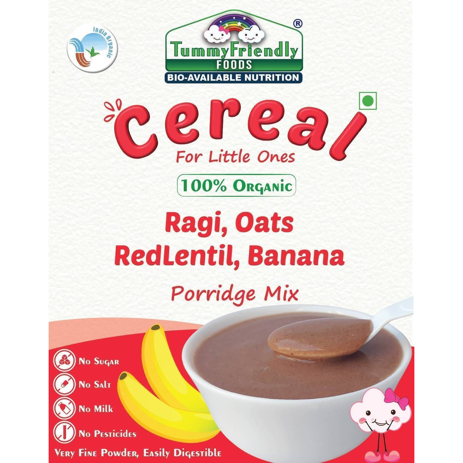 TummyFriendly Foods Organic Sprouted Ragi,Oats, Red Lentil, Banana Prdge Mix|600g,(200g each pack) Cereal (600 g, Pack of 3, 24+ Months)