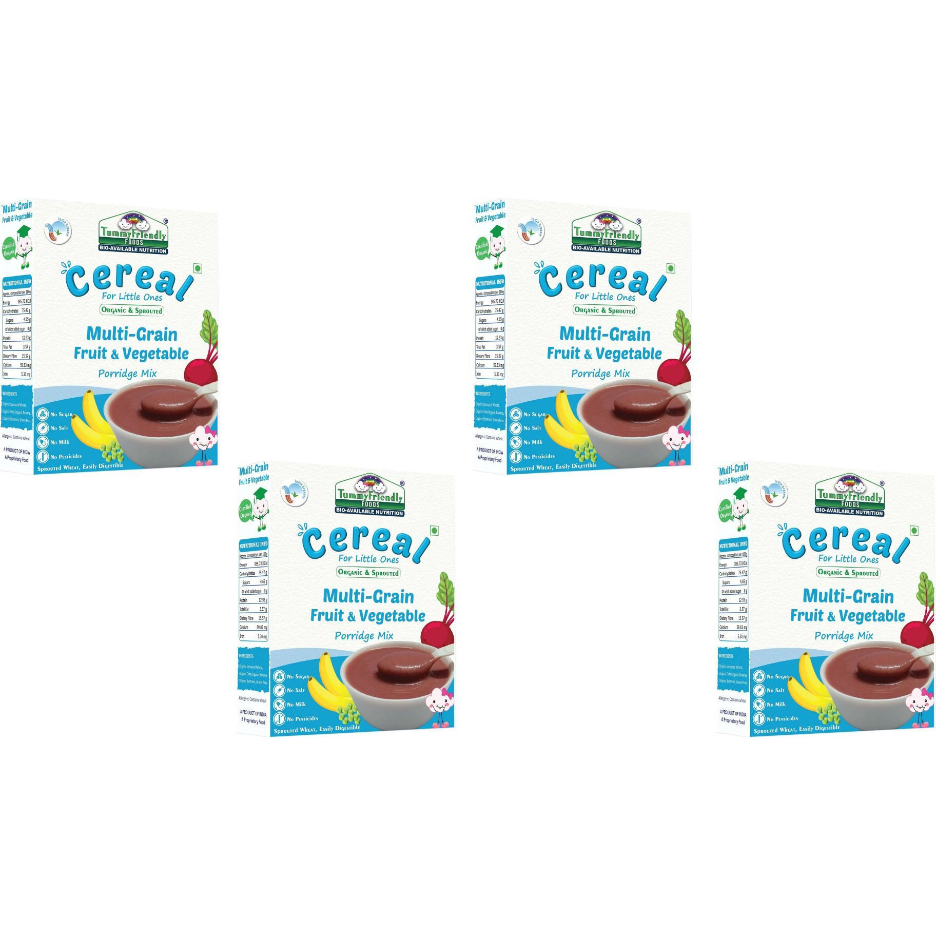 TummyFriendly Foods Organic Sprouted Multi Grain Fruit Vegetable Porridge Mix|800g (200g each pack) Cereal (800 g, Pack of 4, 8+ Months)