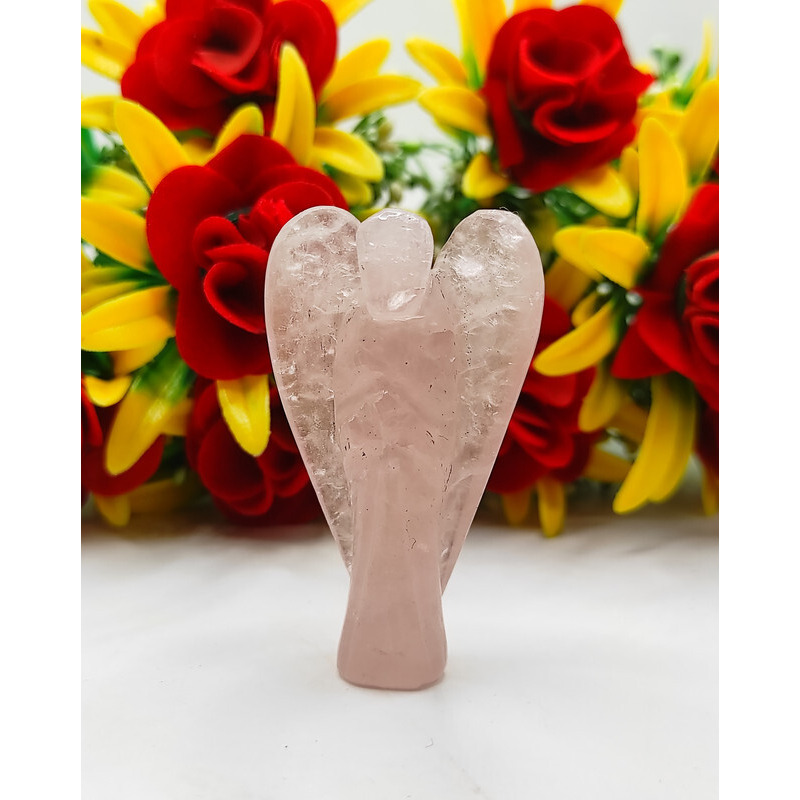 Pink Rose Carved Yellow Jade Gemstone Peace Angel Pocket Guardian Angel healing Statue 2 Inch