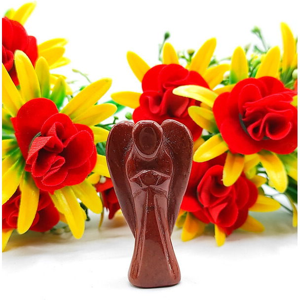 Red Jasper Carved Yellow Jade Gemstone Peace Angel Pocket Guardian Angel healing Statue 2 Inch