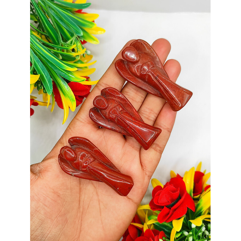 Red Jasper Carved Yellow Jade Gemstone Peace Angel Pocket Guardian Angel healing Statue 2 Inch