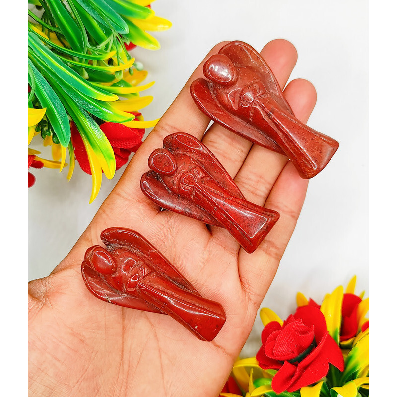 Red Jasper Carved Yellow Jade Gemstone Peace Angel Pocket Guardian Angel healing Statue 2 Inch