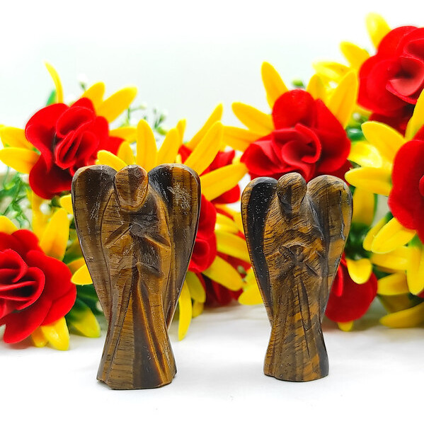 Tiger Eye Carved Yellow Jade Gemstone Peace Angel Pocket Guardian Angel healing Statue 2 Inch