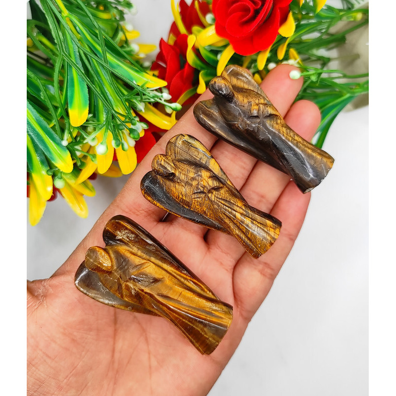 Tiger Eye Carved Yellow Jade Gemstone Peace Angel Pocket Guardian Angel healing Statue 2 Inch