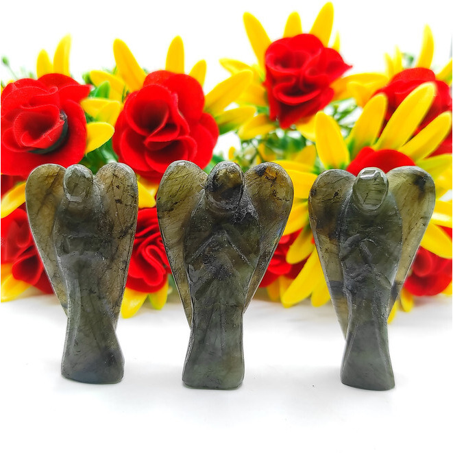 Labradorite Carved Yellow Jade Gemstone Peace Angel Pocket Guardian Angel healing Statue 2 Inch